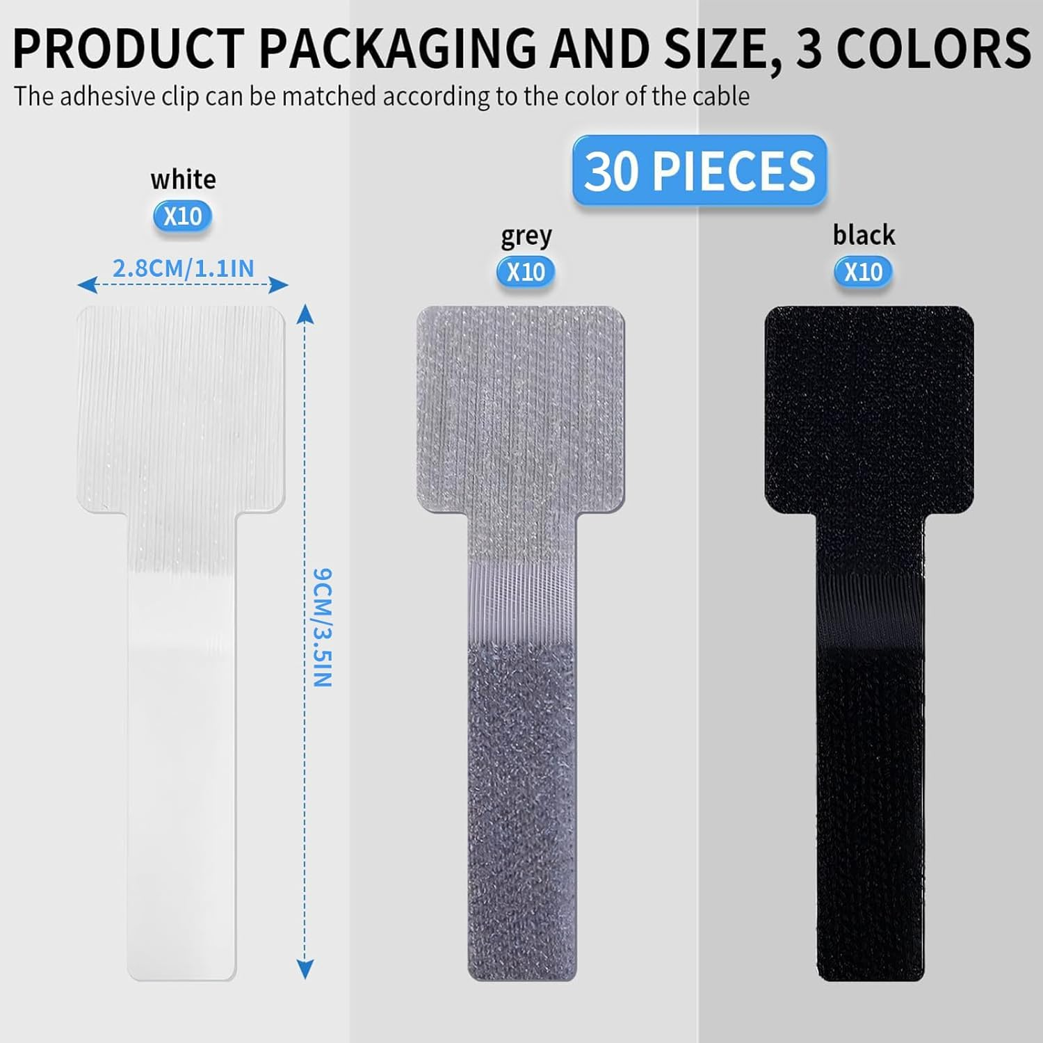 Zalizr 30 PCS Hook and Loop Cable Ties, Self-Adhesive Reusable Cord Organizers, Adjustable Cable Clips for Desk, Home, and Office Use (Black, Gray, White) image number 3
