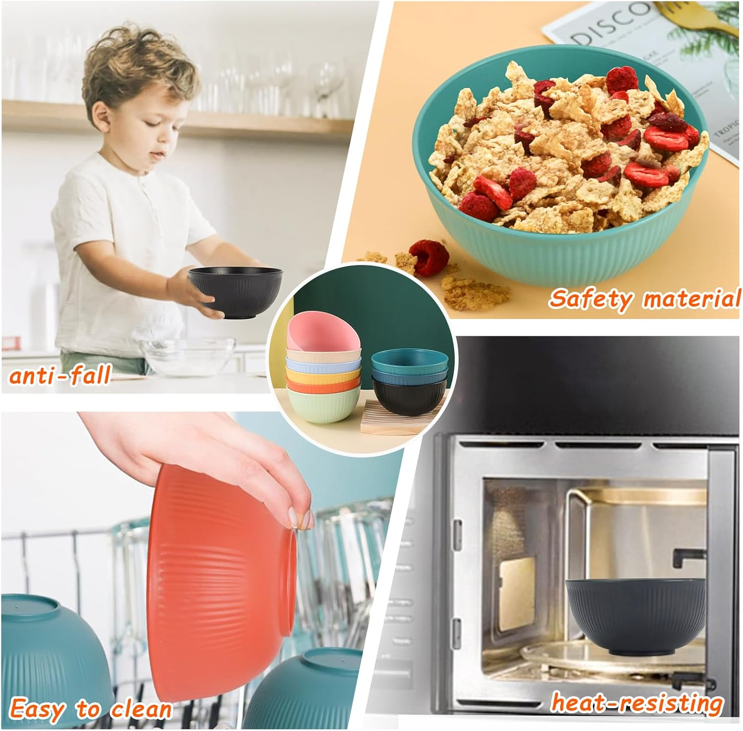 SZBOKE Cereal Bowls, 9 PCS Soup Bowls Wheat Straw Fiber Unbreakable Lightweight Bowls (9 PCS, 26 OZ) (Multicolor),Wheat Straw Bowls, Unbreakable Kids Bowls, Dishwasher & Microwave Safe Bowls image number 5