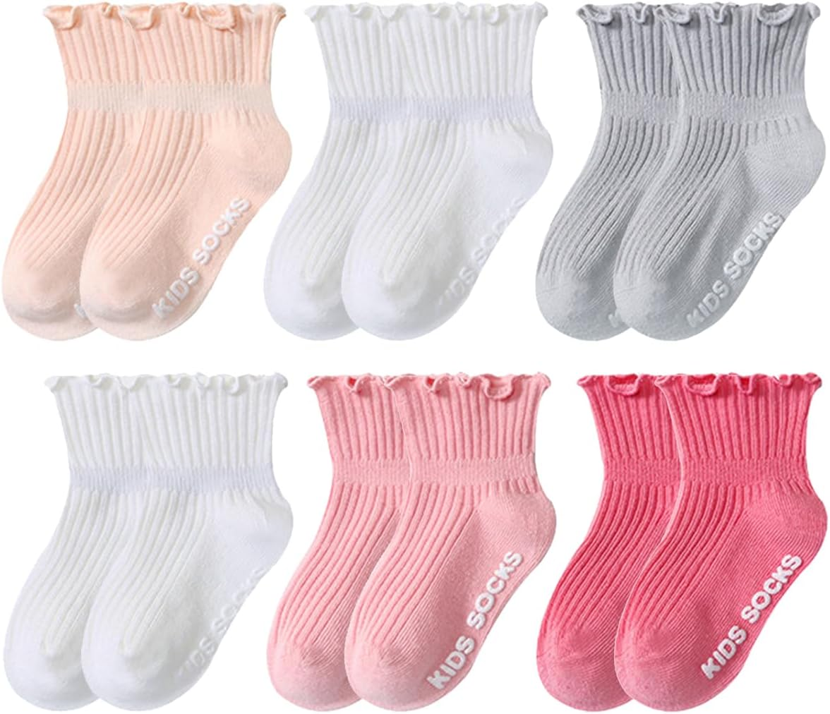 Baby Girls anti Slip Socks 6 Packs, Toddler Non Skid Ruffle Crew Socks Girl'S Frilly Dress Socks Turn Cuff Cotton Long Socks with Grippers for 0-12 Months 1-5 Years Newborn Baby Girls Infant Kids image number 3