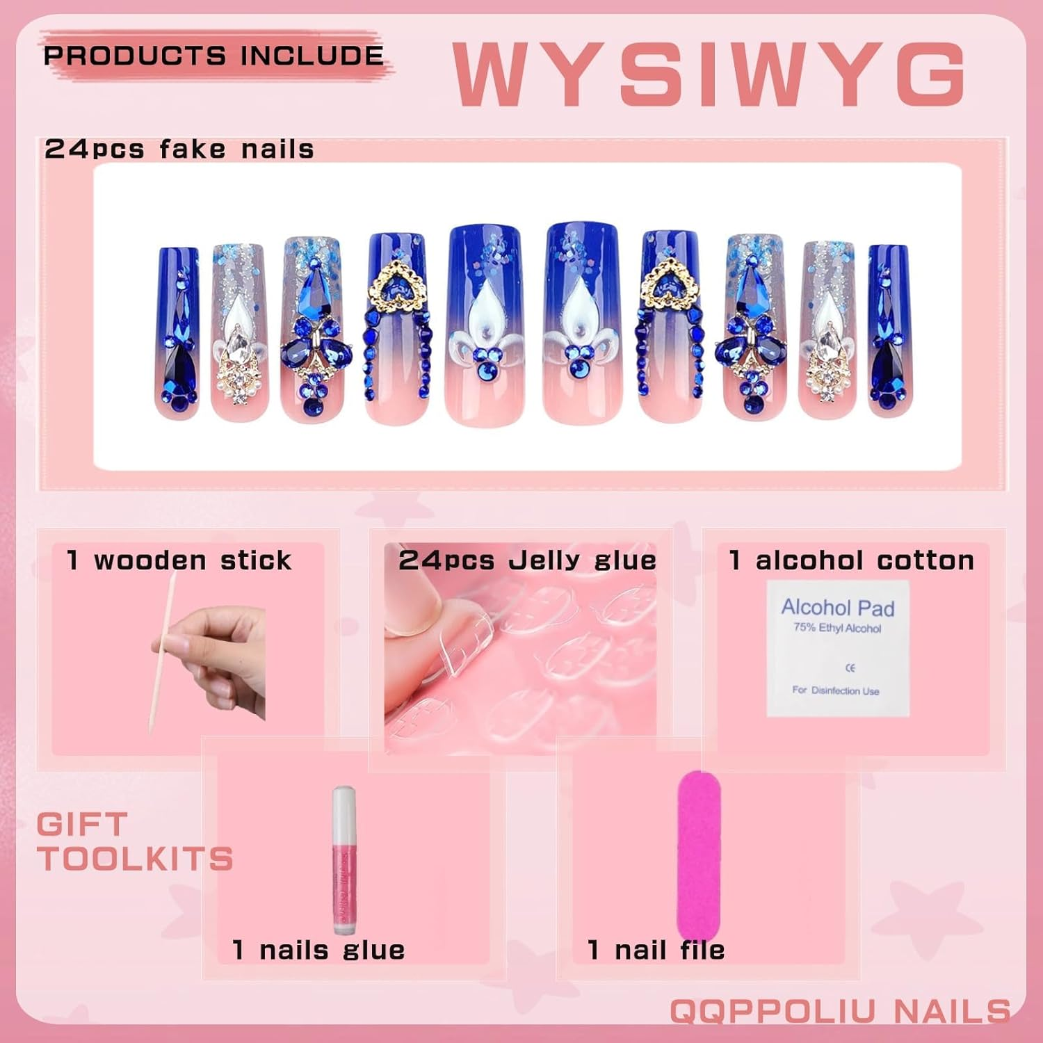 QQPPOLIU Royal Blue Press on Nails Long Square Acrylic False Nails with Rhinestones Designs 24Pcs image number 3