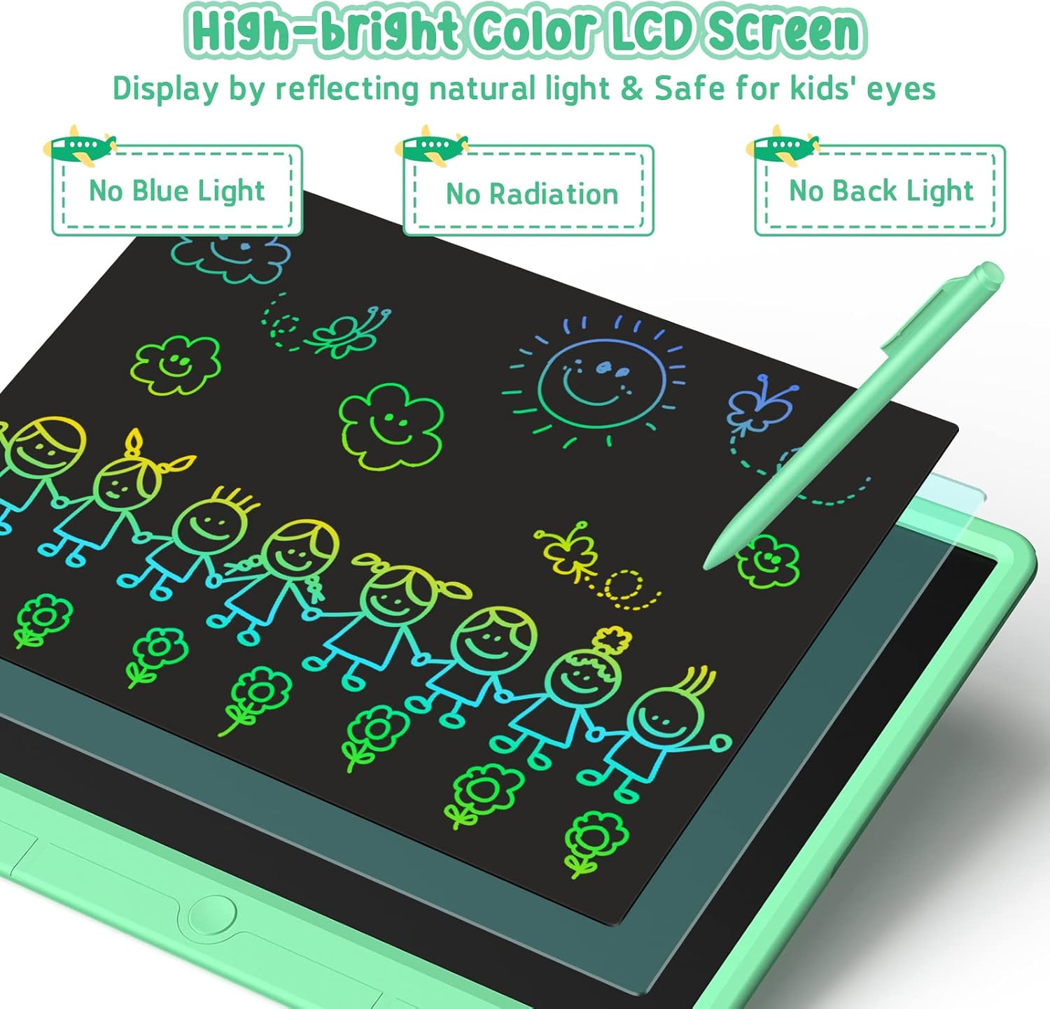 Wicue LCD Writing Tablet for Kids 15In Drawing Tablet, Colorful Doodle Board Drawing Pads, Electronic Drawing Boards Travel Activity Games for 3 4 5 6 Year Old Kids Birthday Gifts (Green) image number 1