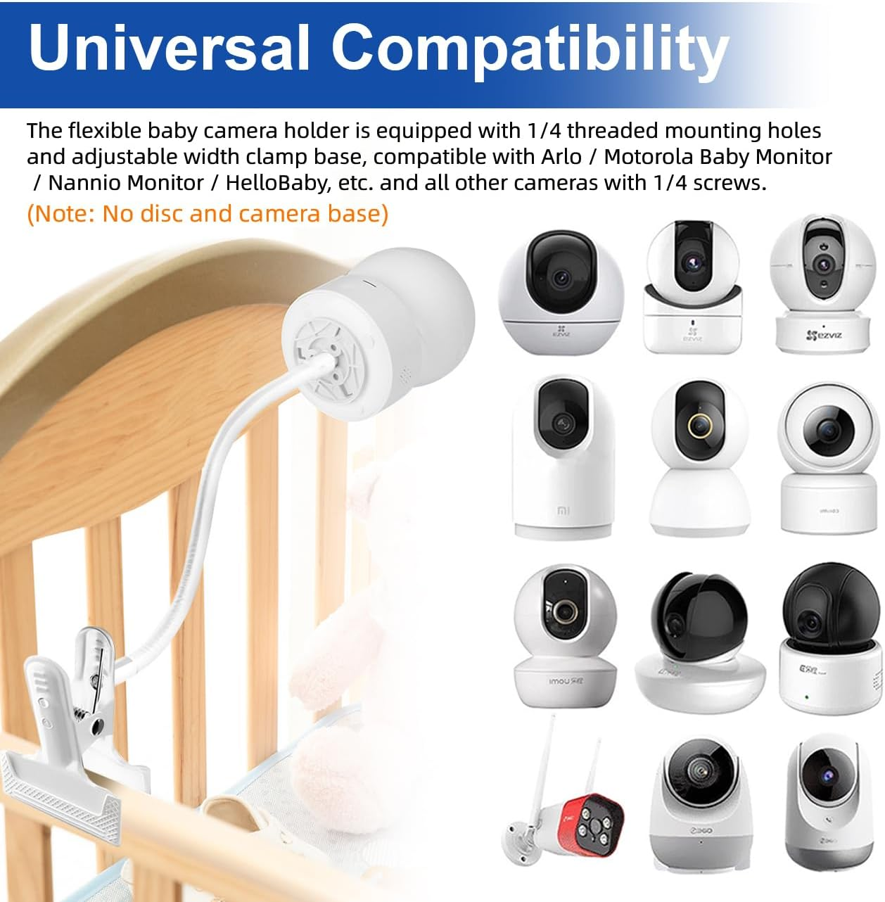 Universal Baby Monitor Holder-Flexible Gooseneck Arm Baby Monitor Clip Mount Stand with 1/4 Screw,No Drilling Required,Compatible with Arlo,Motorola,Vtech & Other Cameras(Clip on 0.3M) image number 4