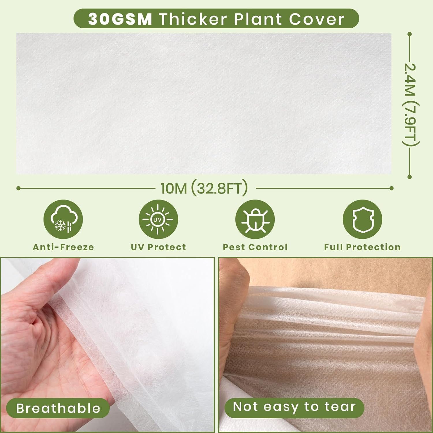 2.4 X 10 M Plant Fleece Frost Protection - Heavy Plant Protection Anti-Frost Cloth Winter Protection Garden Cloth for Vegetables Flowers Non-Woven Fabric Cover against Birds and Insects image number 1