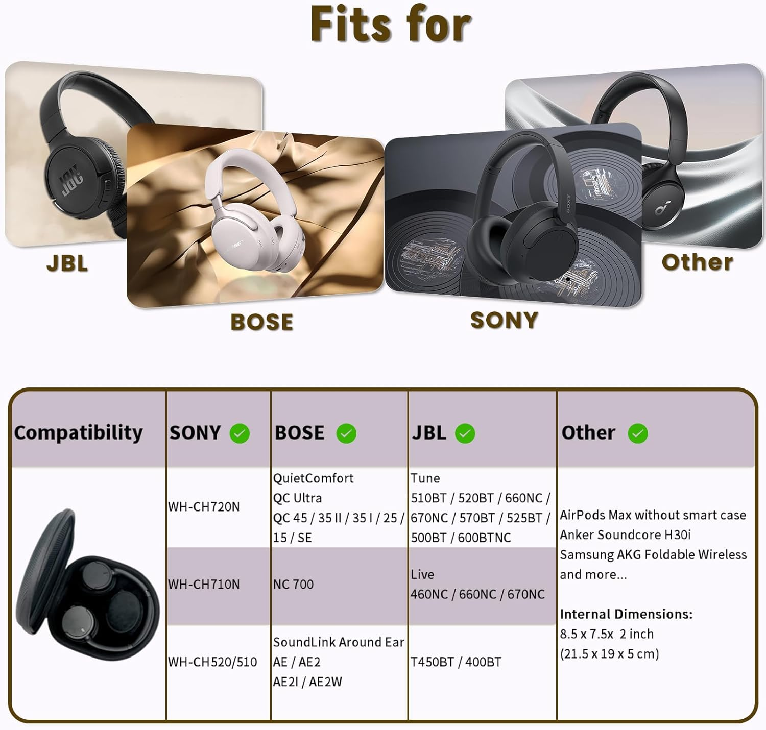 Hard Case for Sony WH-CH720N 710N 520 510, Bose Quietcomfort QC Ultra 45 35, JBL Tune Live 460NC 660NC Headphones, Universal Travel Storage Carrying Case with Mesh Pocket and Extra Small Case - Grey image number 6
