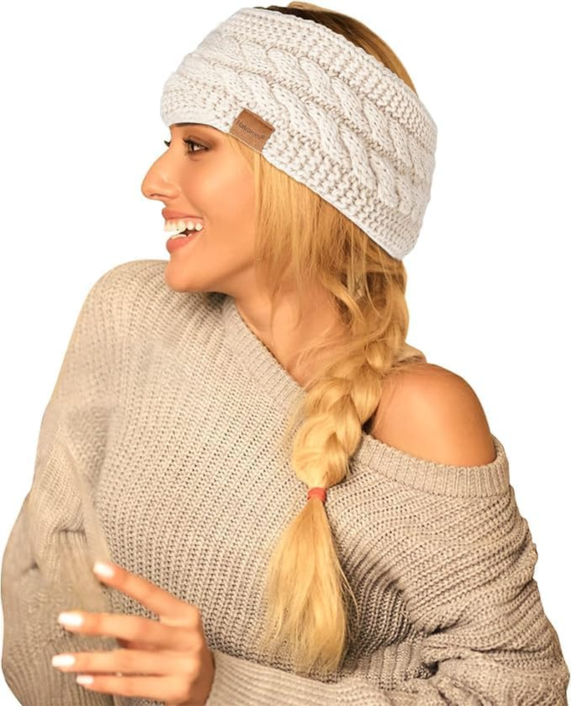 Hatromm Winter Headbands for Women Wool 2 Pack, Ear Warmers for Women Headband Knit Thick Fleece Lined(Black+White) - Black+Army image number 6