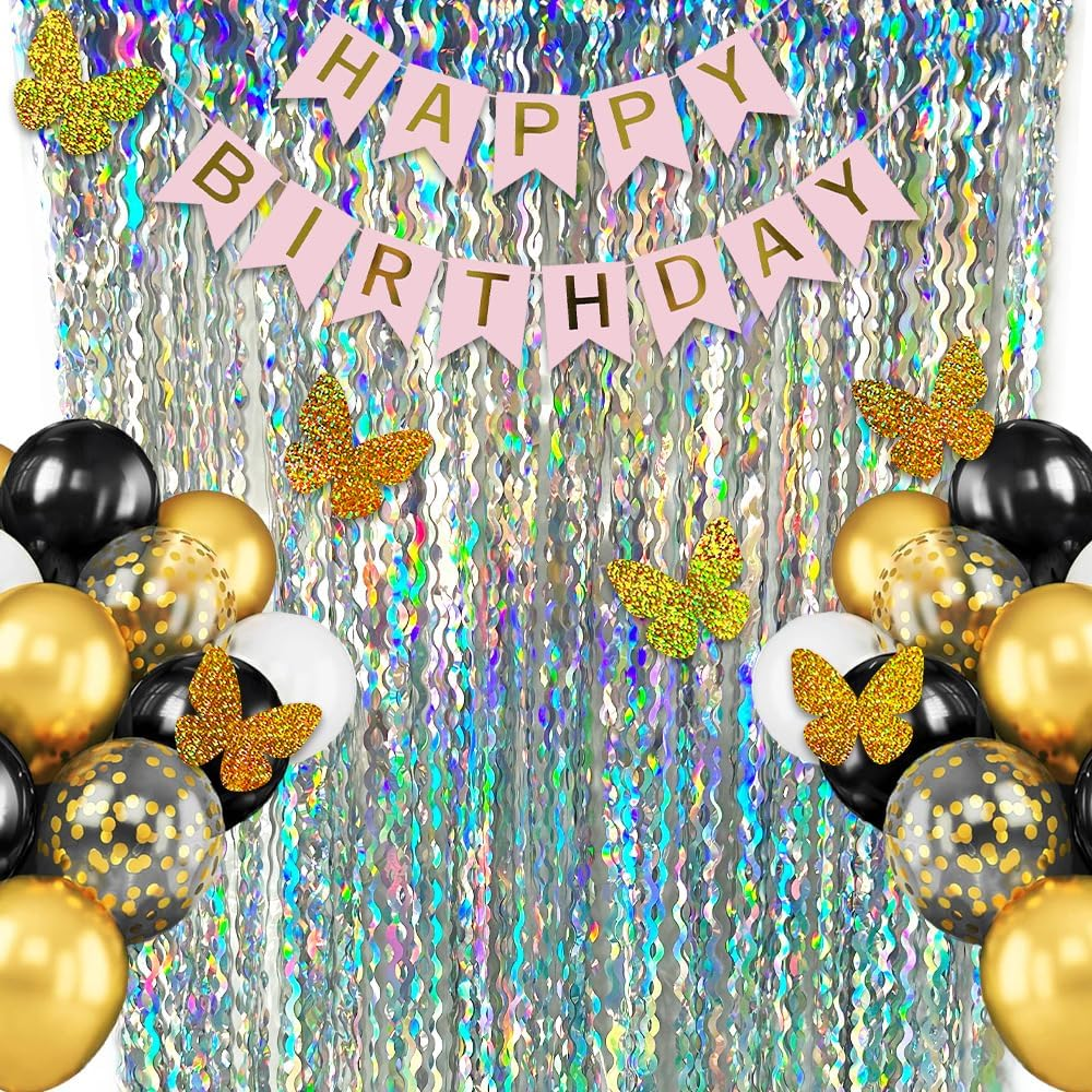 Foil Fringe Curtain, Pack of 2 Tinsel Backdrop, Birthday Party Decorations, Streamer Backdrop Foil Curtains, Graduation Decorations (Wavy Holographic-Silver) - Laser Glitter Black image number 3