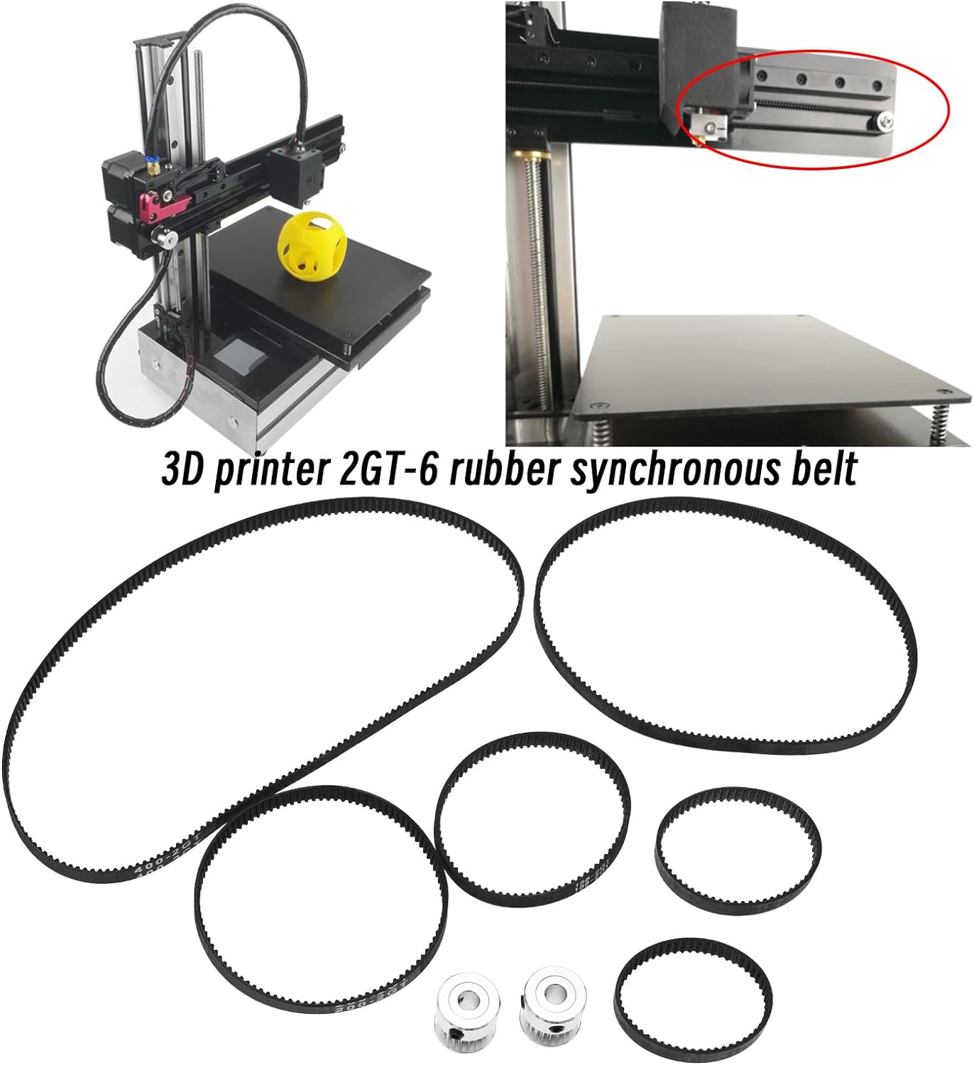 6PCS 2GT-6 3D Printer Timing Belt Set - 6Mm Width, 110Mm to 400Mm Lengths, 20 Tooth 5Mm Bore Aluminium Pulley image number 2