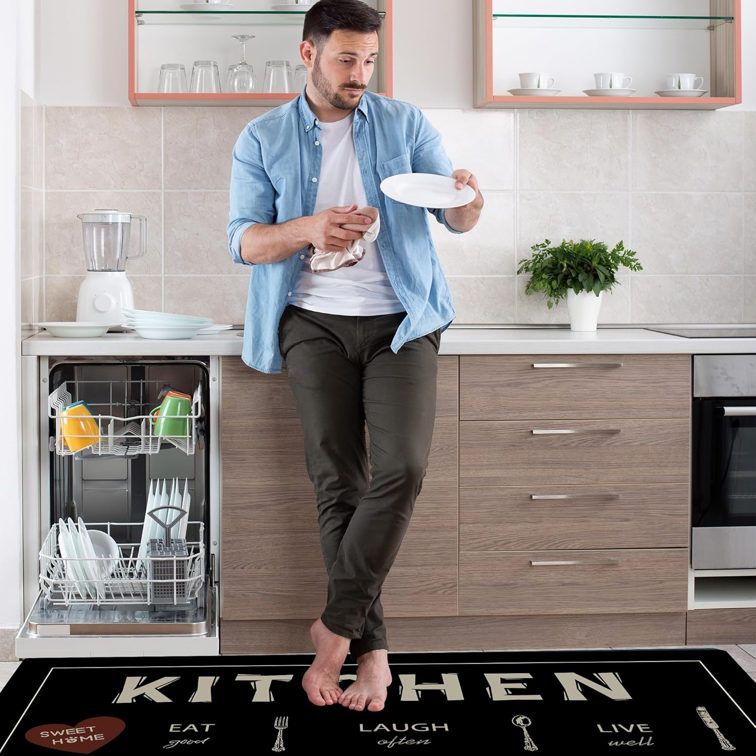Black Kitchen Rugs Non Slip Washable Kitchen Floor Mats for in Front of Sink Floor Mat for Kitchen, Laundry Room, 50Cm X 80Cm + 50Cm X 120Cm (Black, 50Cm X 80Cm + 50Cm X 120Cm) image number 1
