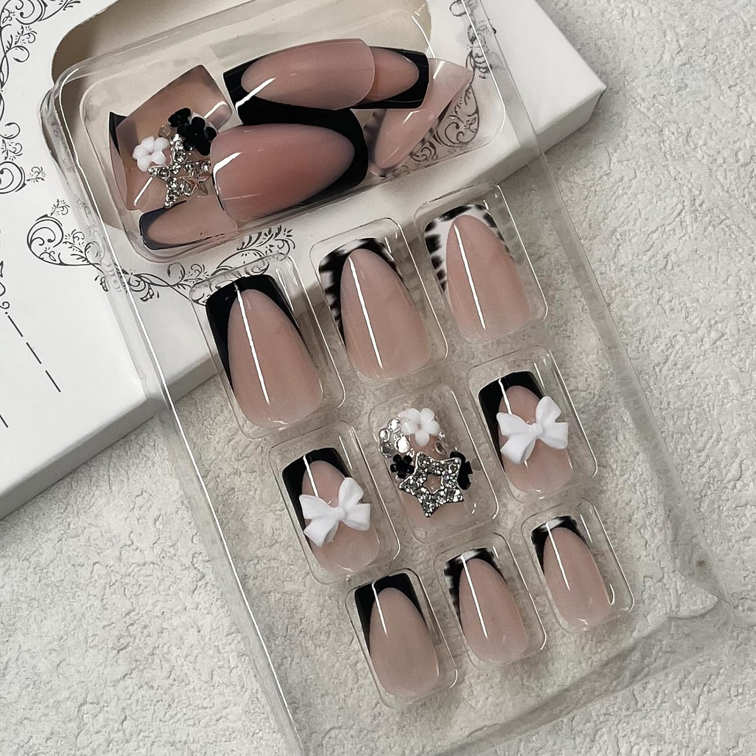 French Lace Press on Nails - Short Squares, False Nails with Bows, Designs, Black, White, Zebra Print, Flowers, Silver Stars, Nail Rhinestones, Pack of 24 image number 2