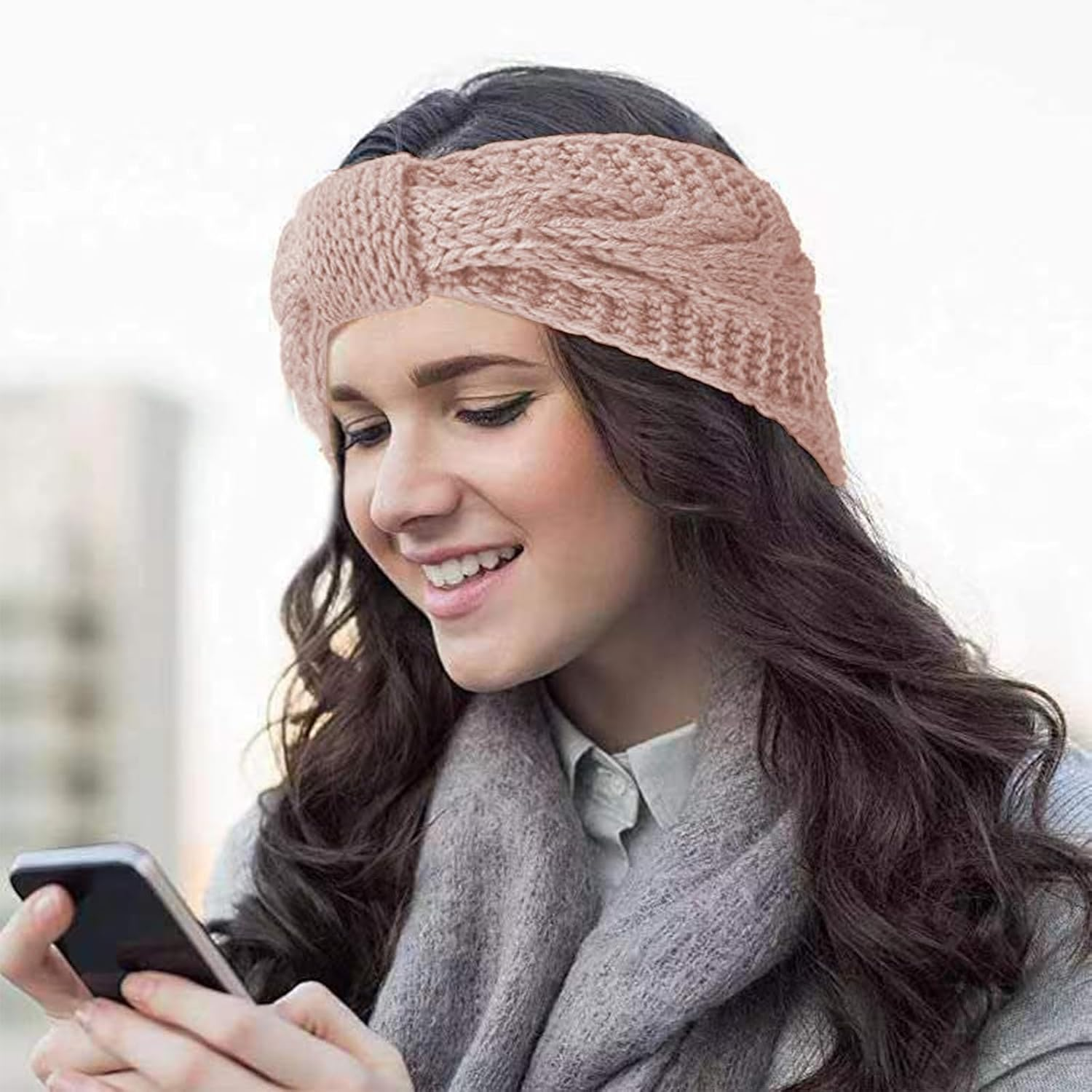 FOSDICK Winter Cable Knit Headbands Women Crochet Ear Warmer Headband, Pink Knitted Thermal Twist Headbands for Girls Women Soft Lining Head Wrap Winter Knitted Headband for Shopping Skiing Running image number 2