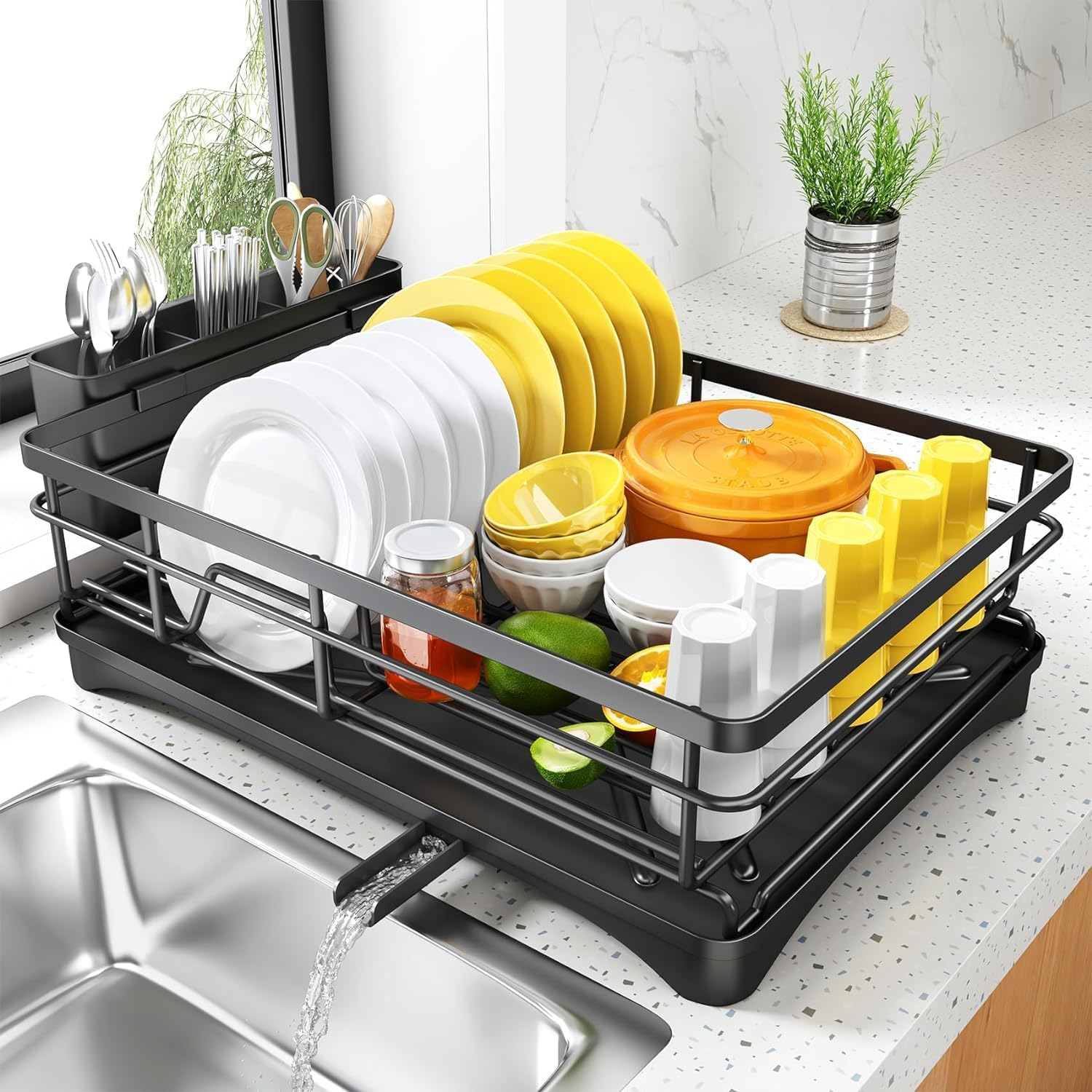 Iron Dish Drying Rack with Drainboard, Heavy-Duty Adjustable Spout Dish Drainer with Utensil Holder, Knife Slots and Non-Scratch Feet, Rustproof Kitchen Sink Organizer for Countertop Storage image number 5