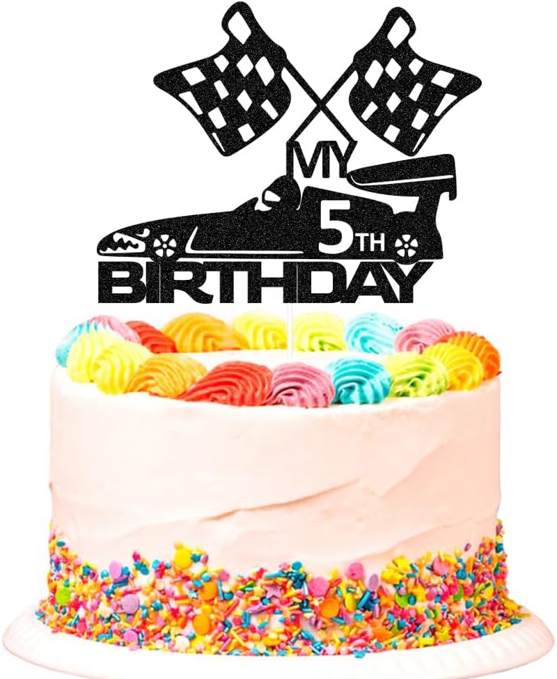 SWEETTALA Racing Car 5Th Cake Topper for Race Car Checkered Flag Themed Kids Boy Girl 5 Years Old Birthday Party Decorations Black Glitter (My 5Th Birthday) image number 3