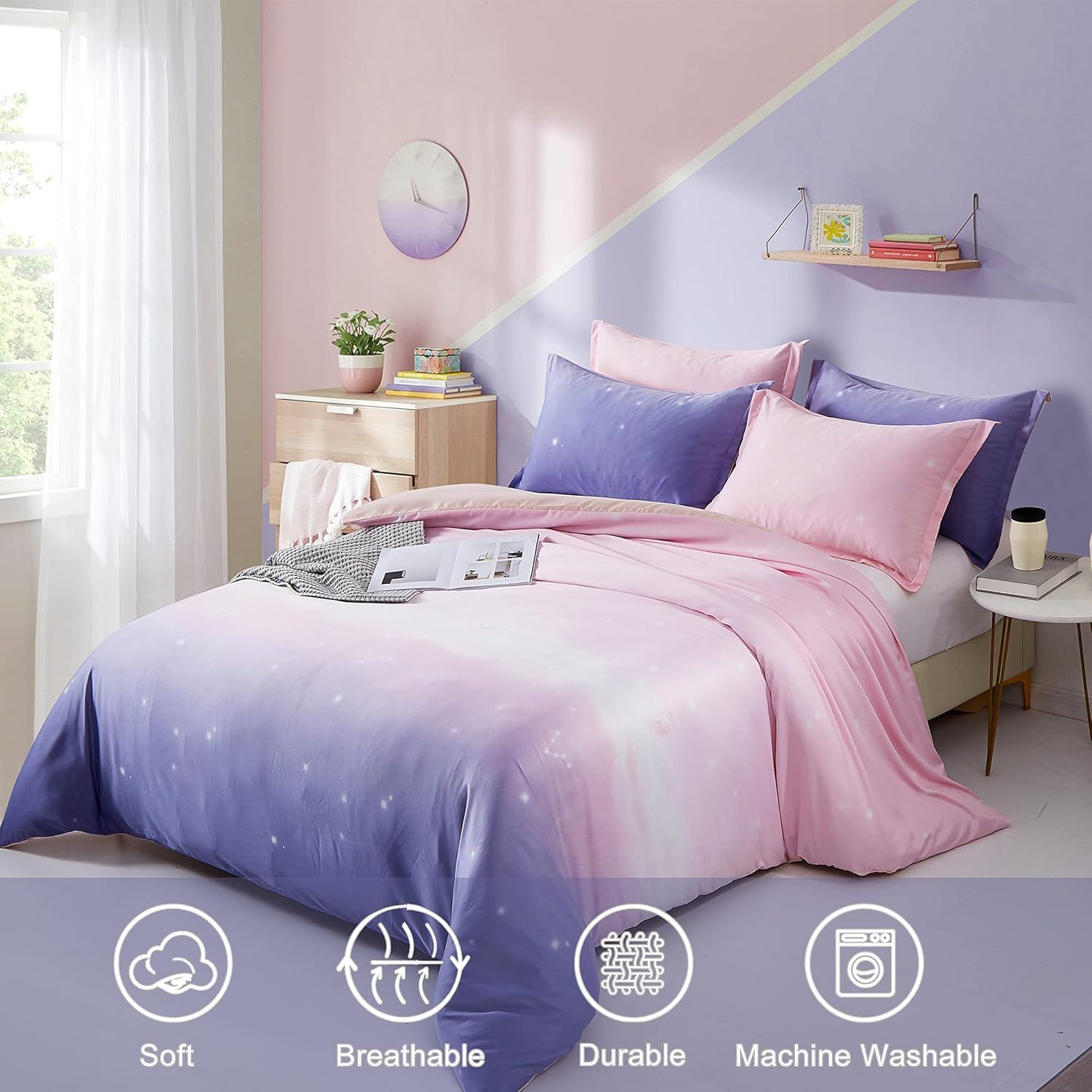 Purple Bedding Set Pink Gradient Duvet Cover Rainbow Quilt Cover Pillowcase with Zipper Closure for Kids Girls Teens Adults (Single Size 135X200Cm) image number 5