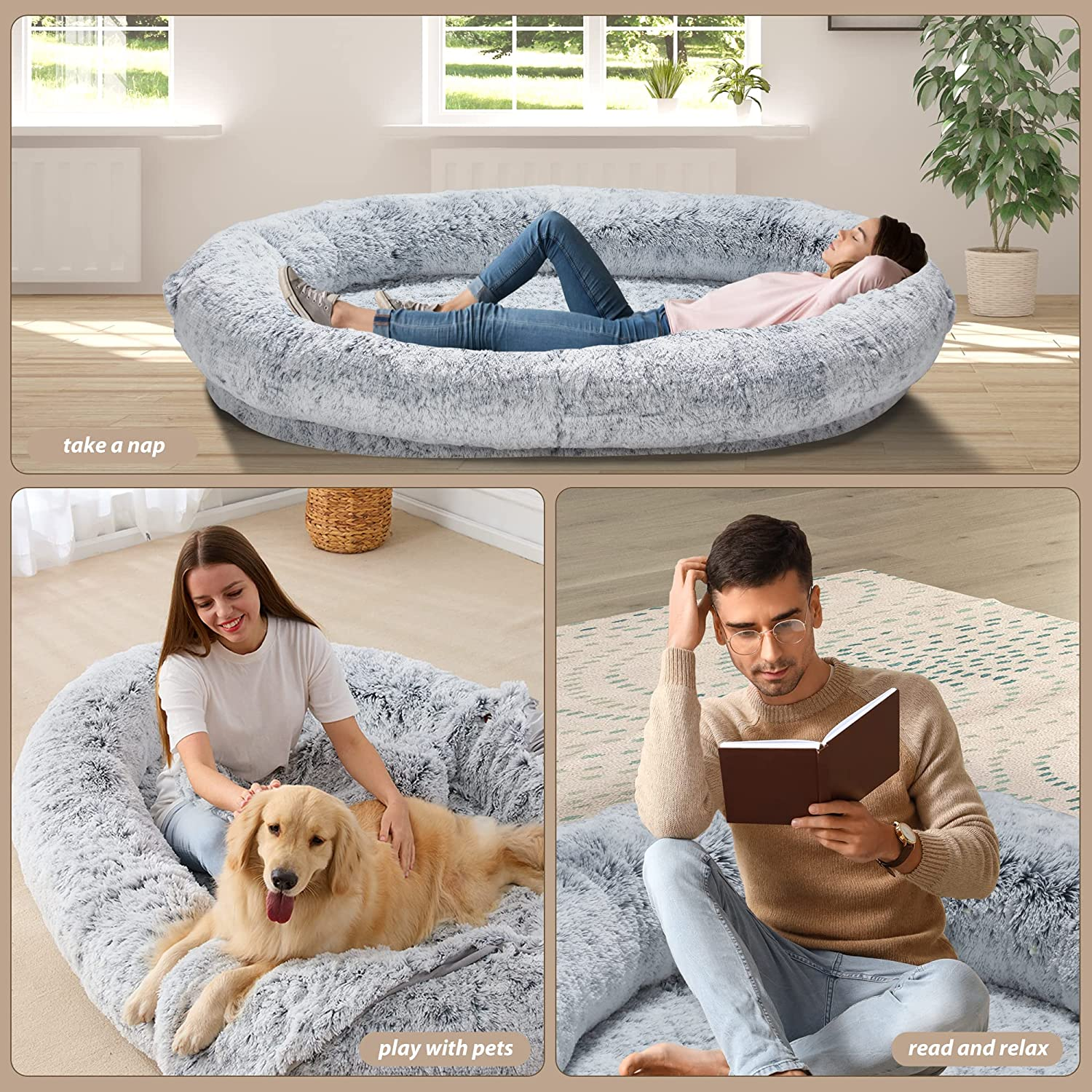 Homguava Large Human Dog Bed 75.5''X55''X12'' Bean Bag for Humans Giant Beanbag with Blanket People, Families, Pets (Grey Plush) image number 3