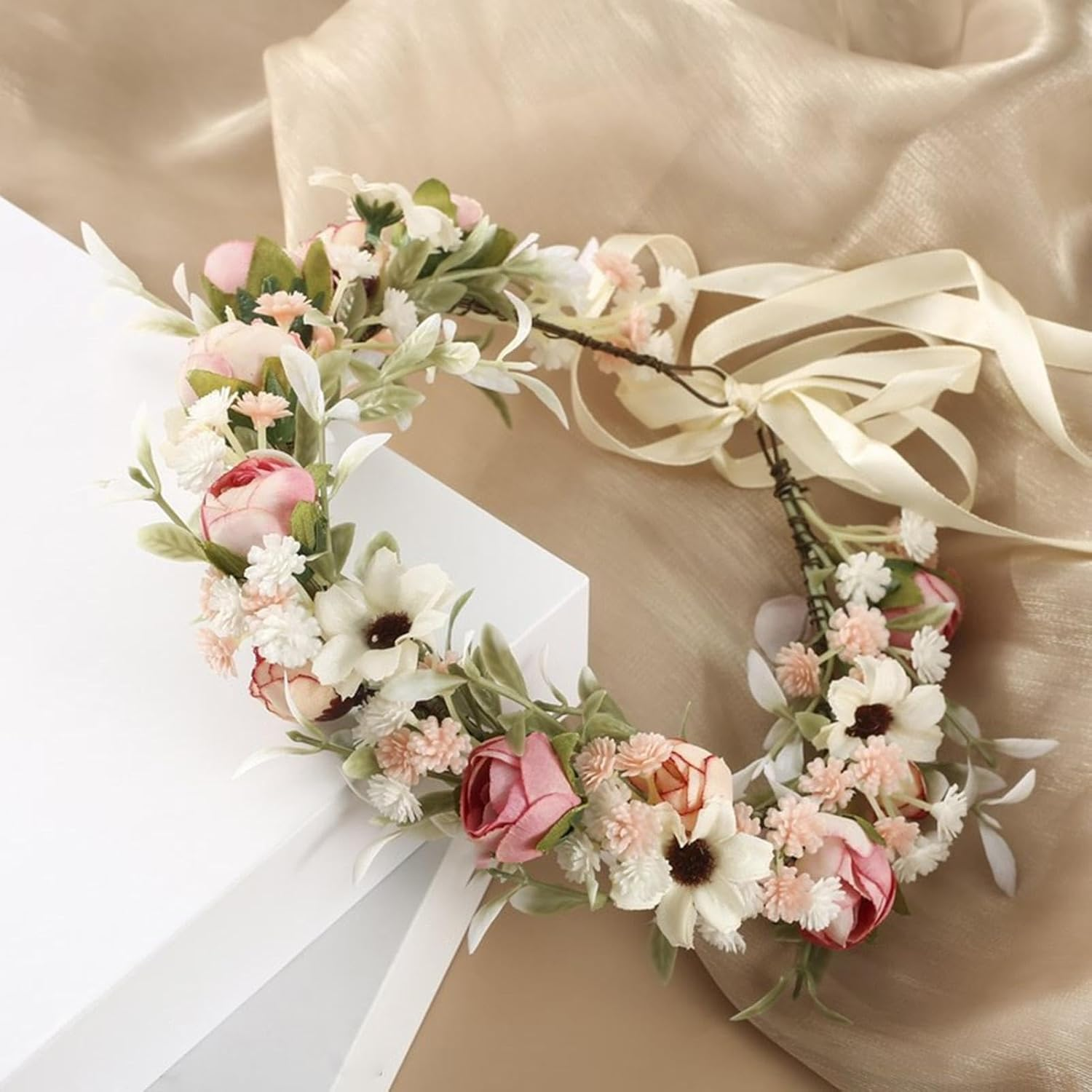 Flower Headpiece | Wedding Floral Crown - Artificial Floral Headpieces, Adjustable Flower Crown Garland for Friends Family - White image number 5