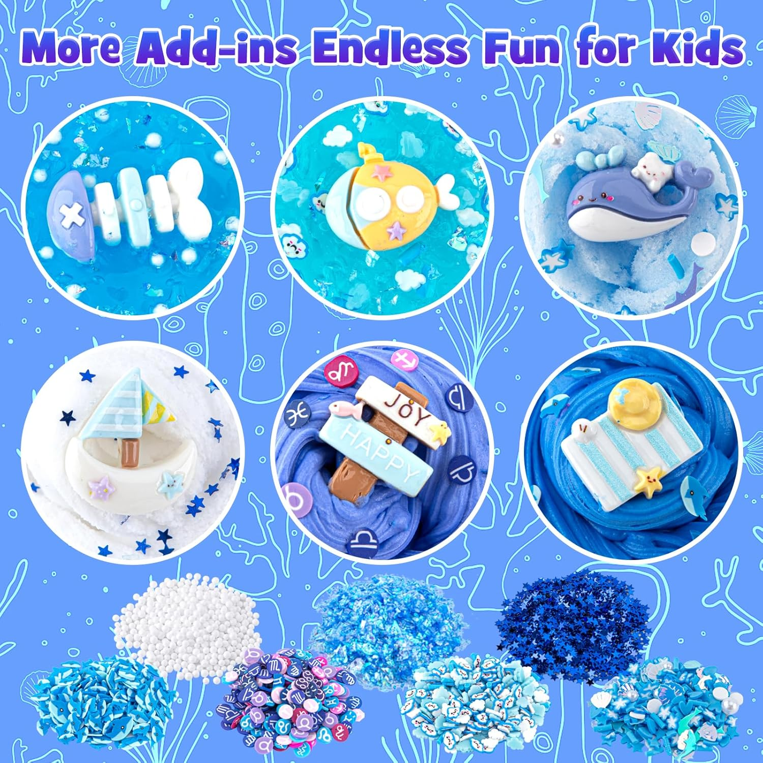 6 Packs Gradient Blue Slime Kit - Cloud Slime, Butter Slime & Clear Slime, Crunchyslime for Kids with Various Add-Ins, Non Sticky Party Favors for Girls and Boys, 360Ml Kids Slime (Ocean)
