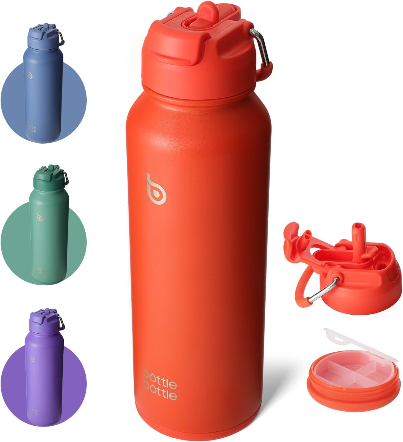BOTTLEBOTTLE 40 Oz Sports Drink Bottle, Thermos Stainless Steel Insulated Water Bottle with Straw and Pills Holder (Orangered) - Blue image number 7