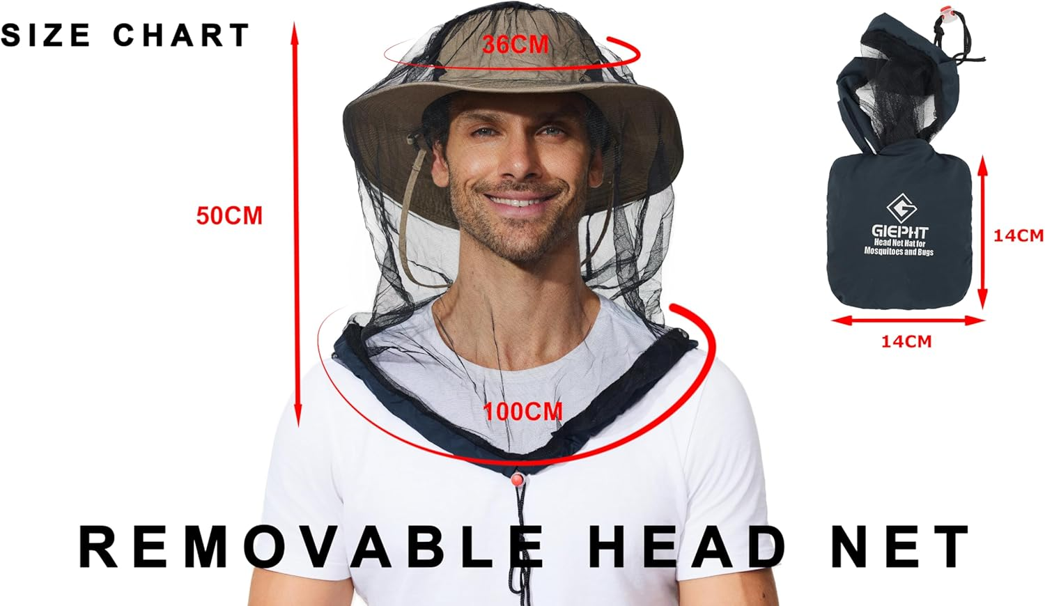 G GIEPHT 2 Pack Mosquito Head Net Mesh for Hiking & Outdoors,Bug Netting over Hat Adults Fishing,Insect Shield Protection Face Cover Mask Hood against Fly Midge Gnat, Black, Large