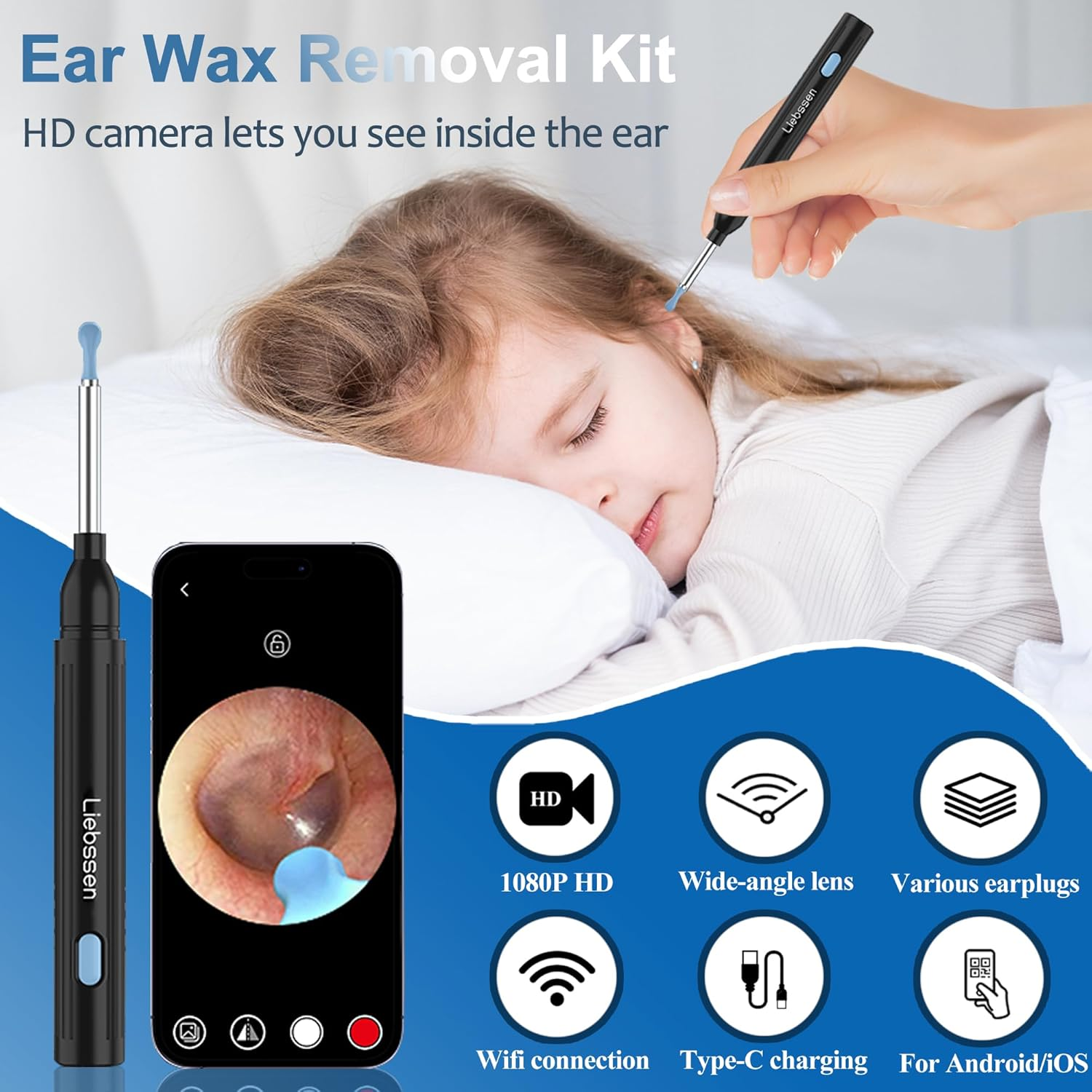 Ear Wax Removal with 1080P Camera Otoscope with 10 PCS Ear Spoon Ear Cleaner Ear Otoscope Cleaning Kits image number 1