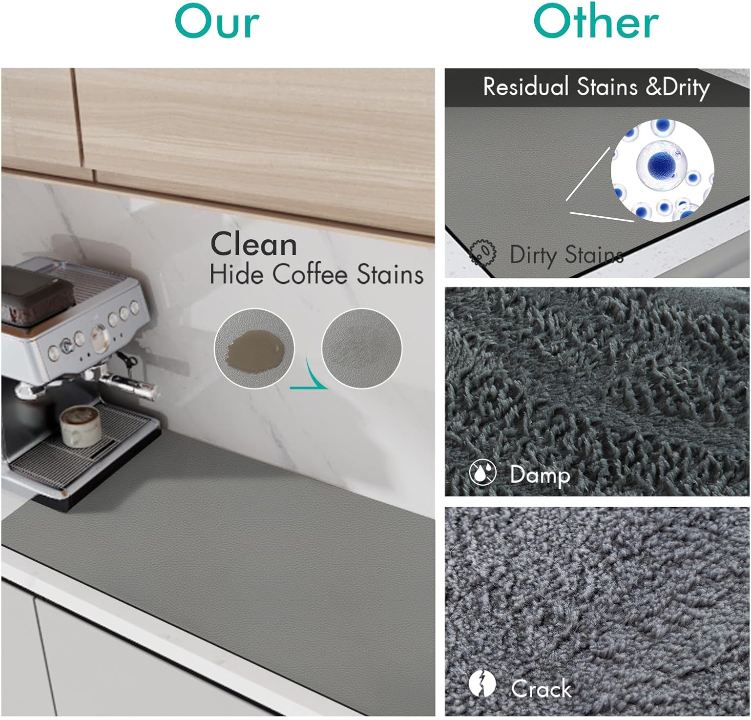 Dish Drying Mat for Kitchen Counter, Dish Drying Pad with Non-Slip Rubber Backed, Hide Stain anti Absorbent for Kitchen Counter (Grey, 60 X 40 Cm) image number 3