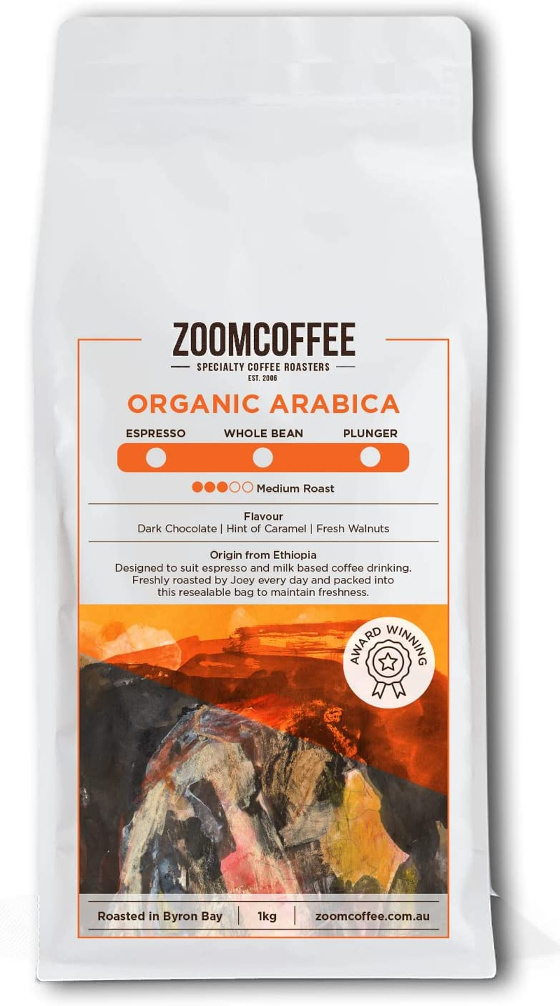 Zoom Coffee Organic Arabica, Premium Single Origin Medium Roast Wholebeans from Ethiopia, 1Kg, Ideal for Espresso Coffee Machines, Tasting Notes of Dark Chocolate, Hint of Caramel, Fresh Walnuts
