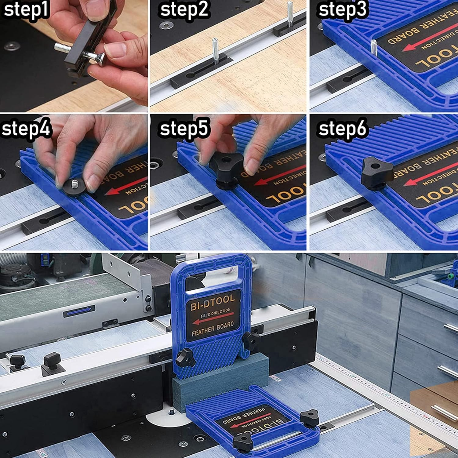 Featherboard, Reduces Backlash Constant Tension Adjustable Featherboard 2 Sets Precise Cut for DIY (Blue) image number 1