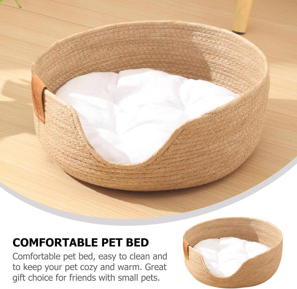 Cat Beds for Indoor Cats :Bed Cat Sleeping Nest for Indoor Small Cats Kitten round Straw Woven Cat Bed with Removable Pad Semi-Enclosed Breathable Basket image number 6