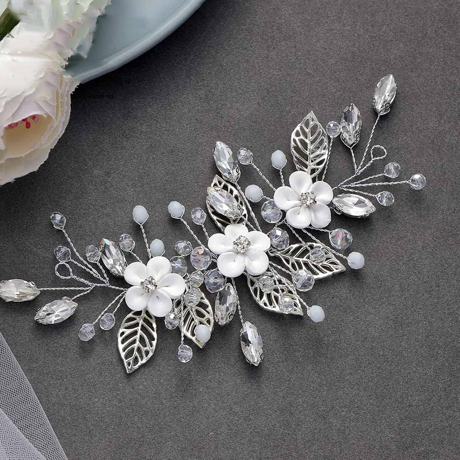 Brateuanoii Silver Flower Wedding Hair Comb, Silver Crystal B-Raut Headpiece, Rhinestone B-Raut Hair Accessories, Flower Leaf Headband, B-Raut Headband Headpiece for Women and Girls image number 6