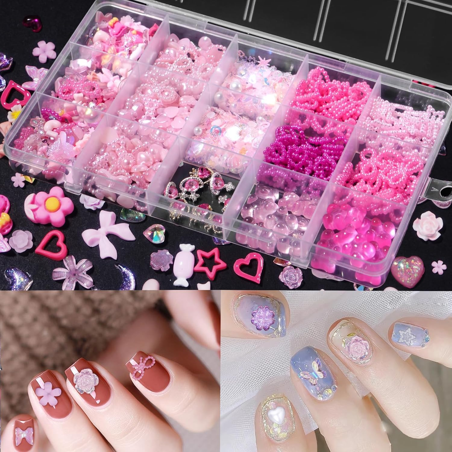 3D Assorted Pearls Gems Nail Charms Alloy Sequin Heart Star Bows Pearls Planet Nail Charms Butterfly Bow Bear Nail Charms for Manicure DIY Crafts Jewel Accessories image number 4