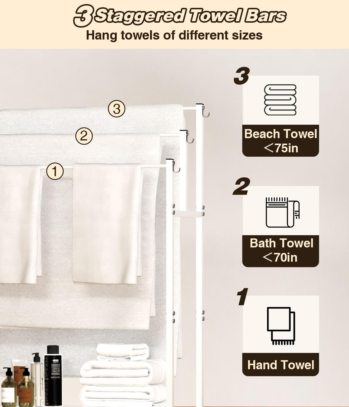 Mondazie 44&rdquo; Tall Free Standing Towel Racks with 6 Hooks for Bathroom, 3 Tiers Oversized Pool Bath Towels Drying Stand, Metal Blanket Ladder Holder with Storage Shelf for Bedroom Living Room, White - Black image number 2
