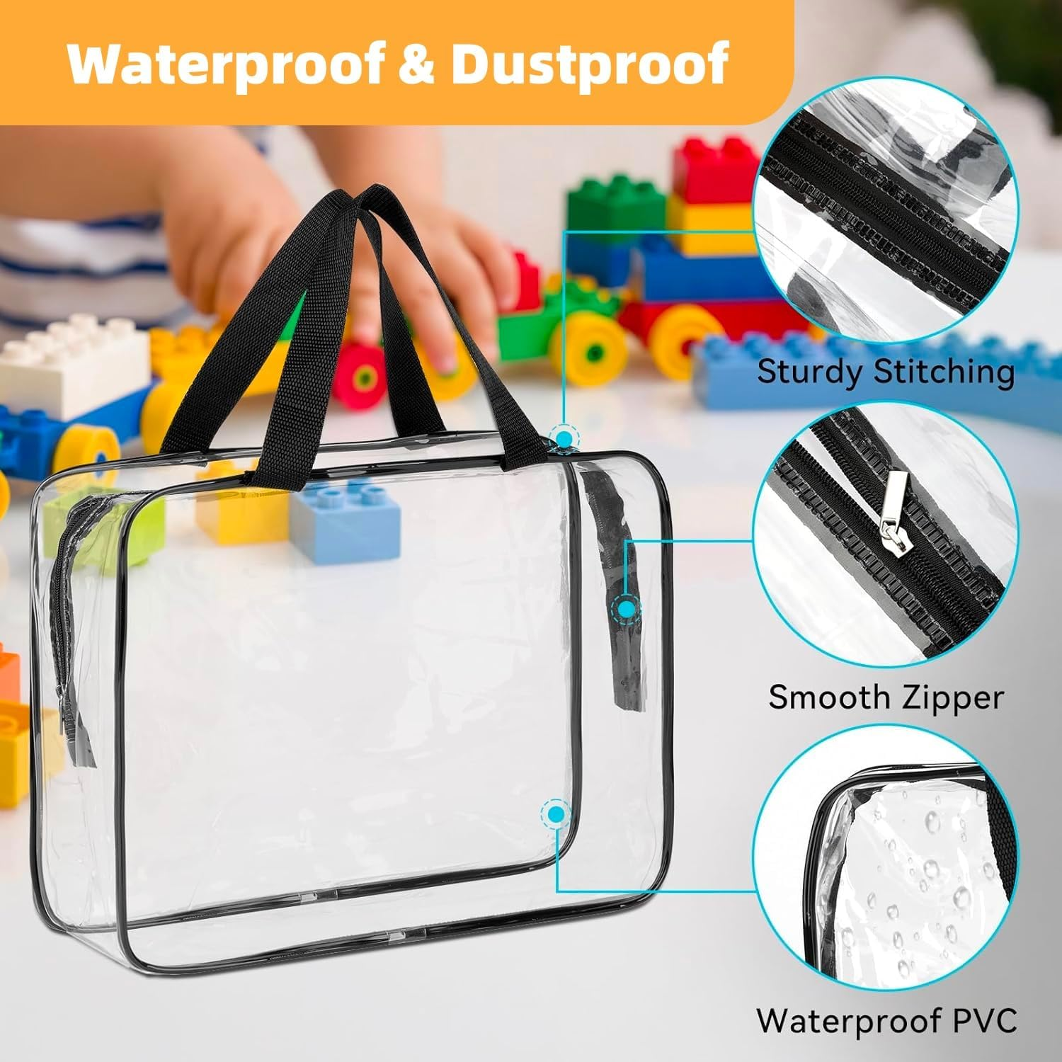 6 Packs Clear PVC Toy Storage Bags with Zipper，Waterproof Toy Bags for Board Games, Building Blocks, Board Game, Stationery, Kids Books (6) image number 6