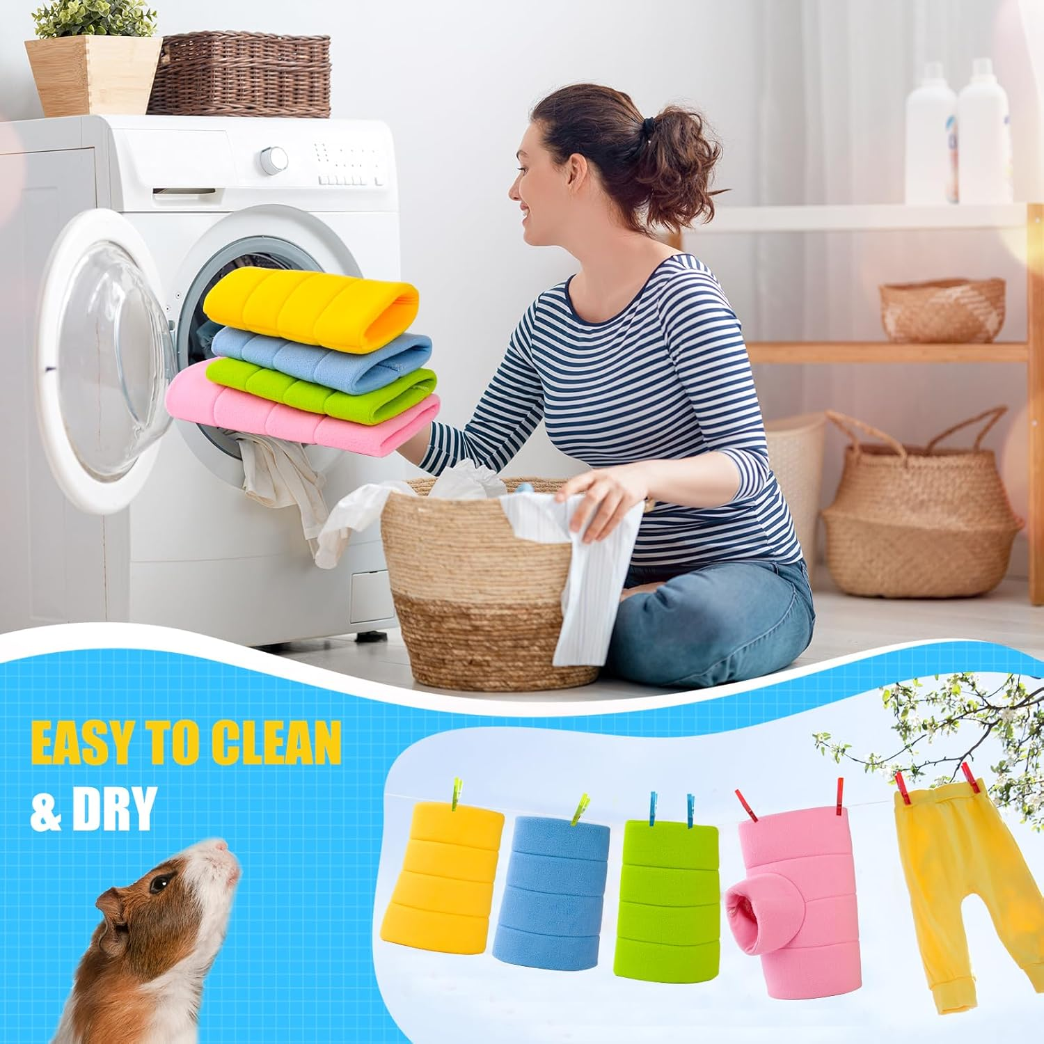 ONEJU Guinea Pig Tunnel, Four Stackable Tunnel for Guinea Pig, One Pink Guinea Pig 3-Way Tunnel and Three Different Color Guinea Pig 2-Way Play Tube, Pink, Blue, Green and Yellow image number 5