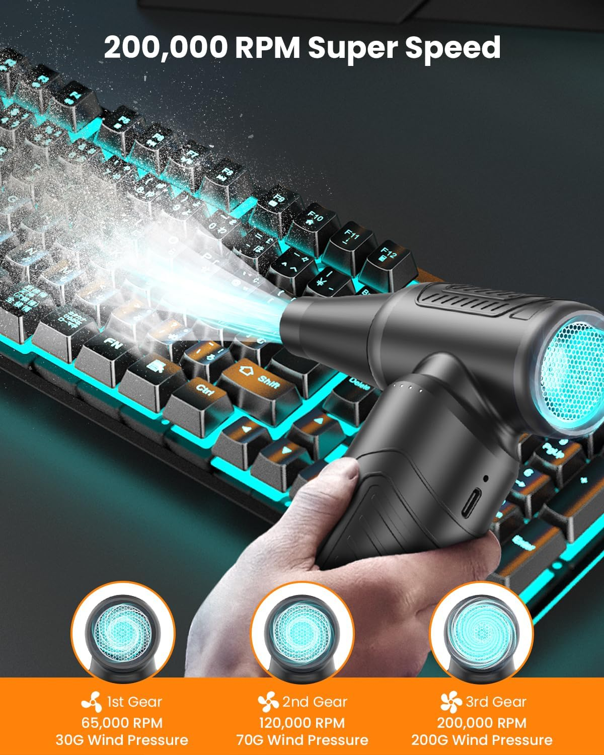 Compressed Air Duster, 200,000 RPM Electric Air Duster for Computer, 3 Gear Adjustable High-Speed Air Blower, 9,000Mah Large Battery Reusable No Canned Keyboard Cleaner for Office, Home, Car image number 2