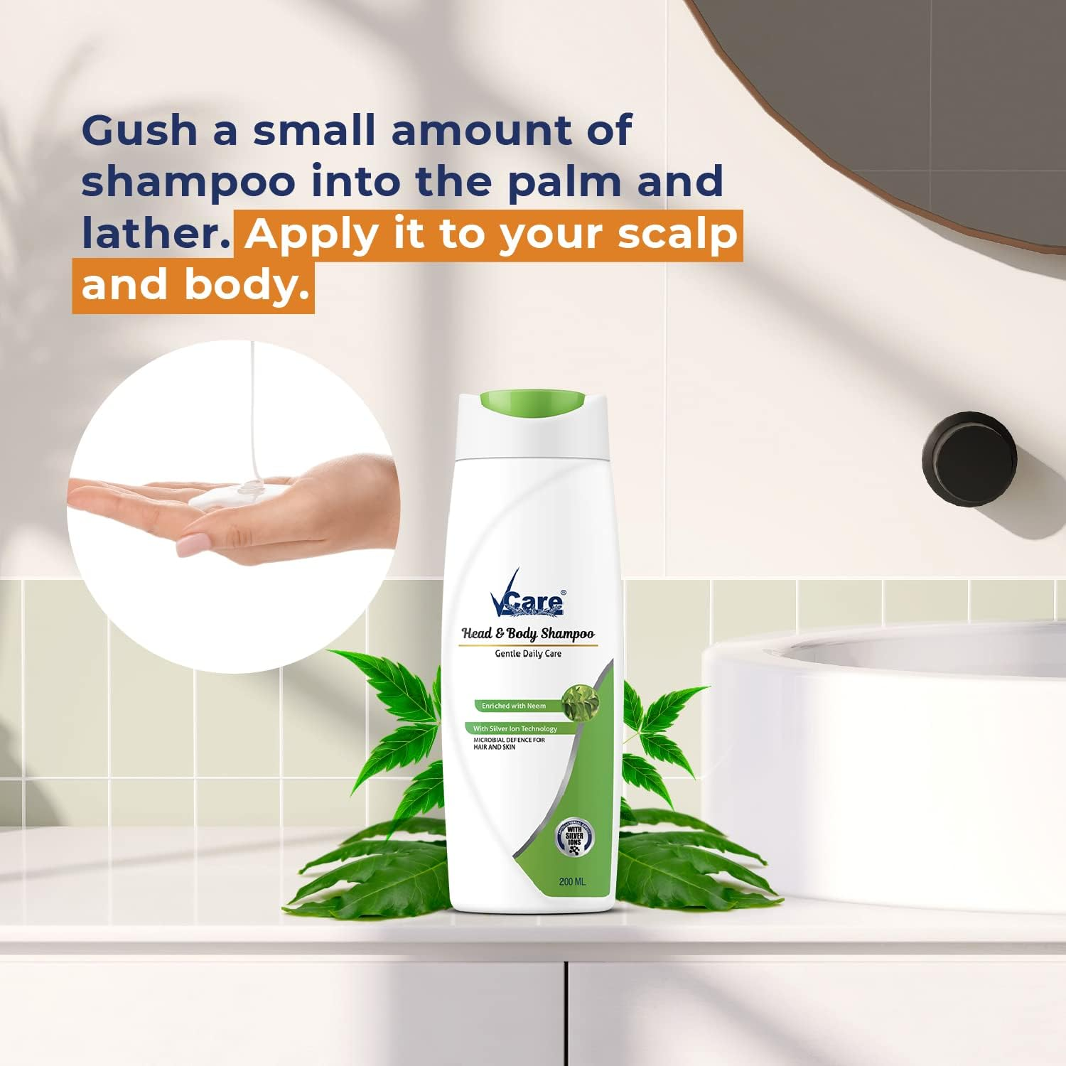Vcare Head & Body Shampoo for Hair & Skin, 200 Ml, (Pack of 3), Enriched with Neem and Silver Iron Technology image number 4
