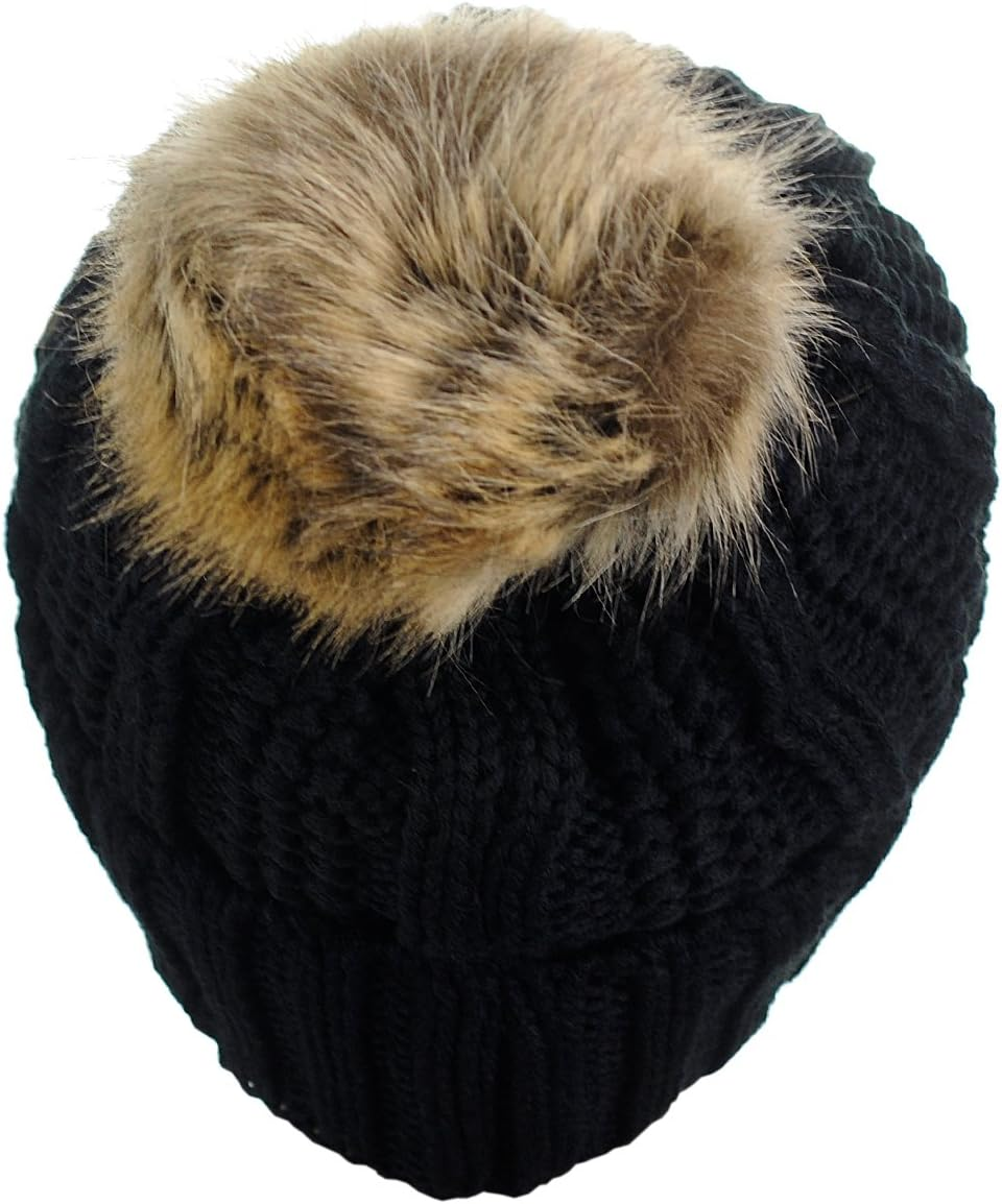 C.C Thick Cable Knit Faux Fuzzy Fur Pom Fleece Lined Skull Cap Cuff Beanie - 2 Tone Black/Dark Beige image number 2