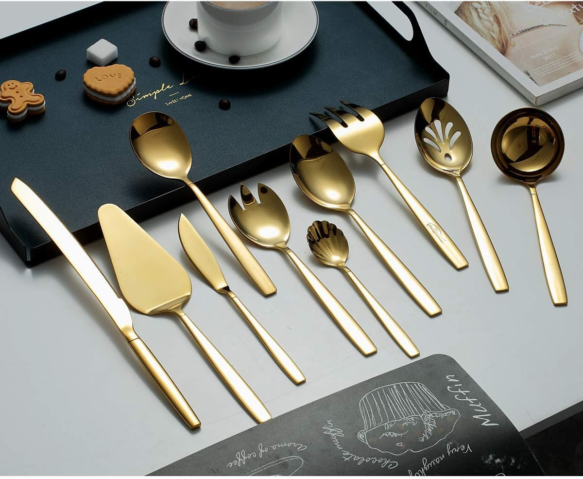 Berglander Gold Serving Utensils 10 Pieces, Titanium Golden Plating Serving Spoons, Included Cake Knife Cake Server Serving Forks Sugar Spoon Salad Spoon Forks Butter Knife Gravy Ladle Ect. image number 1