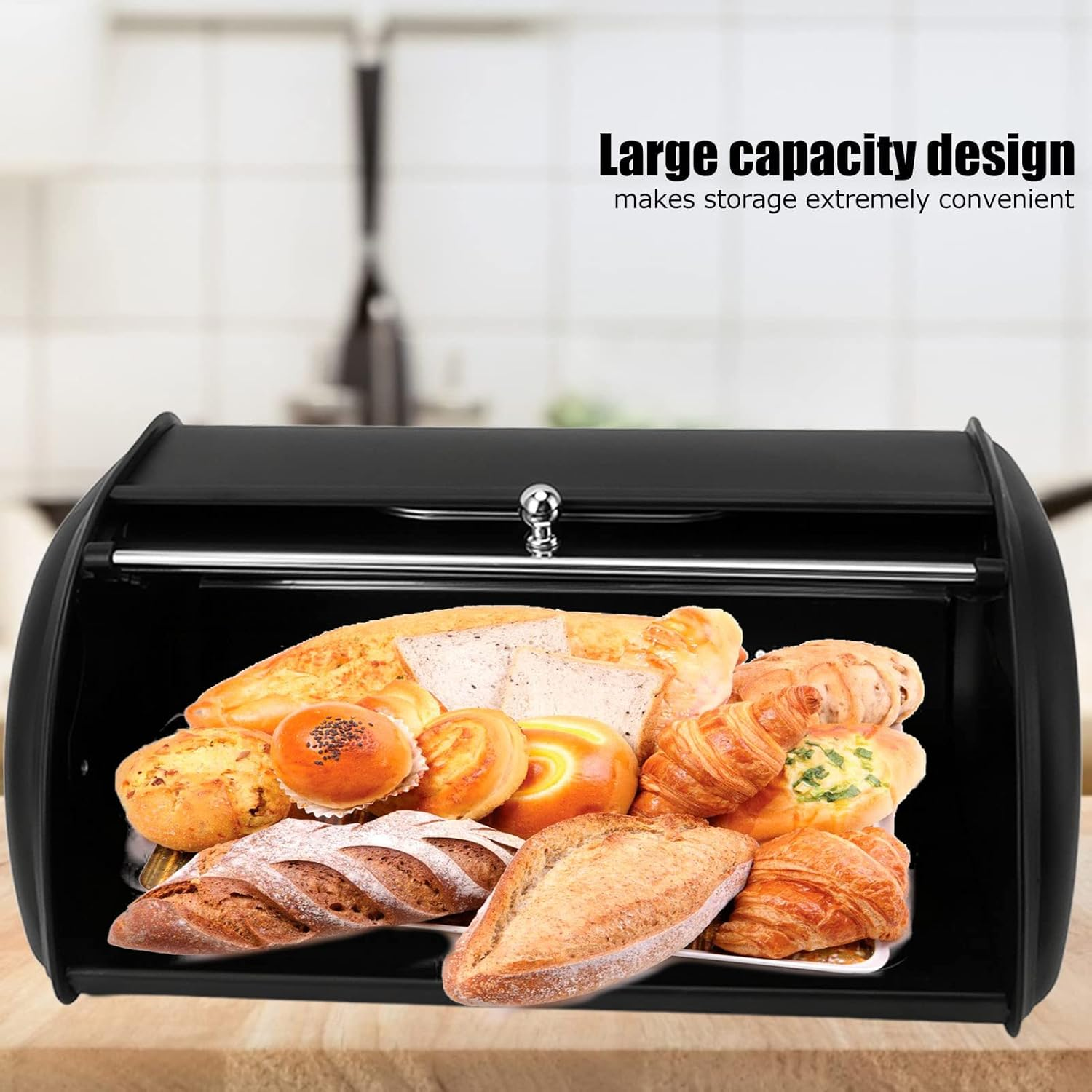 Metal Bread Box for Kitchen Countertop, Bread Box Storage Bin with Small Window, 13.6 X 9.1X 5.7In Iron Bread Storage Container with Roll up Top Lid, for Homemade Cake Buns (Black)