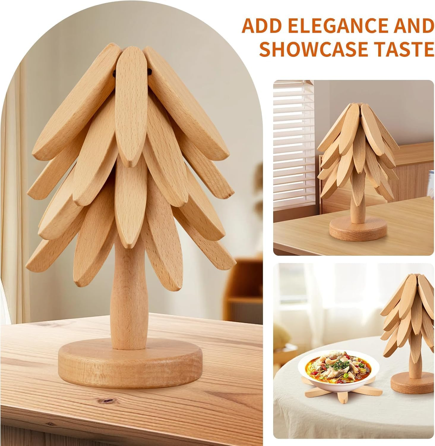 Wooden Trivets for Hot Dishes,Tree Shape Trivet Set,Natural Foldable Kitchen Wooden Trivet,For Hot Dishes、Pot、Bowl、Teapot、Hot Pot Holders (Beech) image number 1