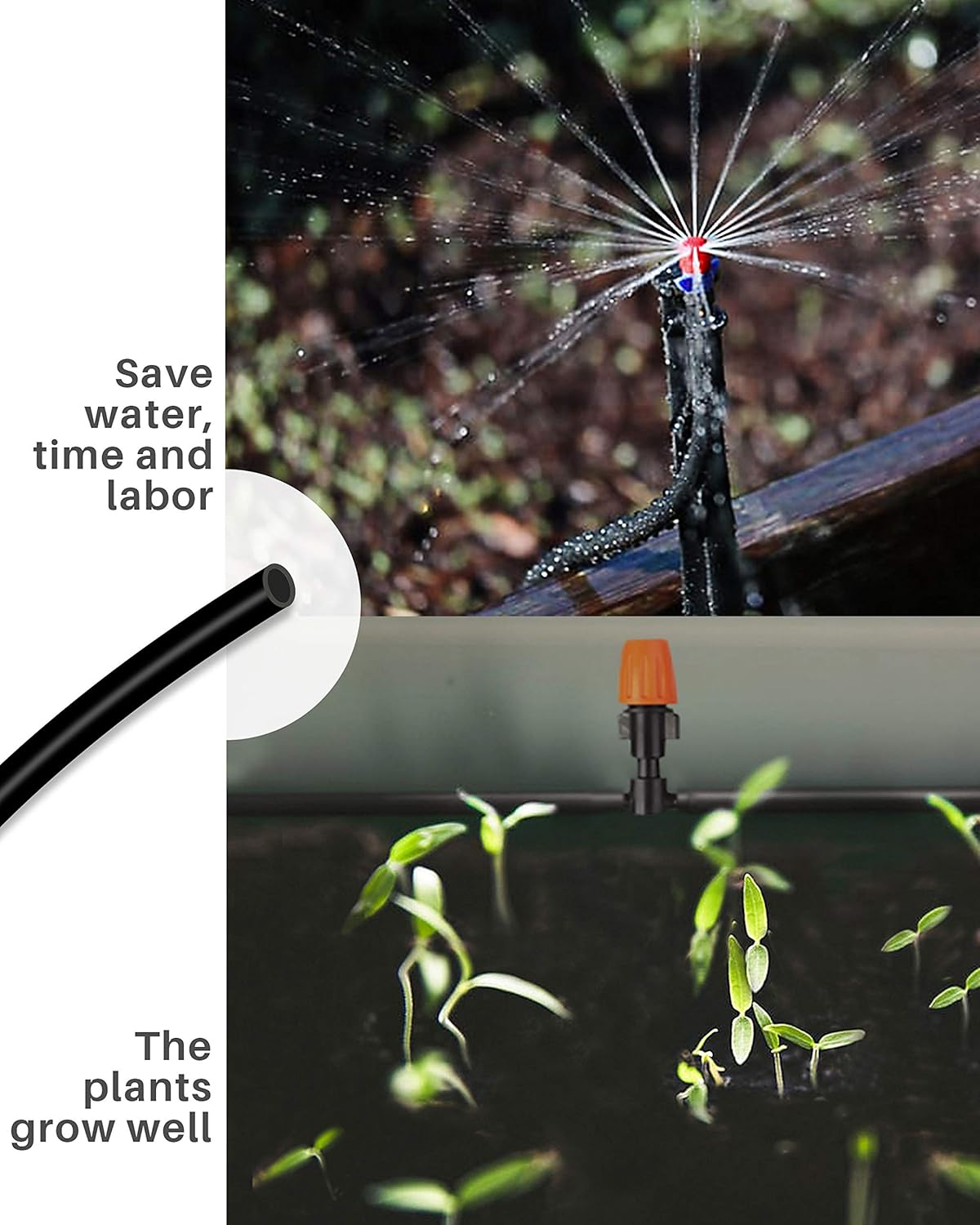 Mohern Drip Irrigation Tubing, 100 Feet 1/4 Inch Drip Line Irrigation Hose with 20 Pcs Drip Irrigation Parts, Drip Irrigation Kit By