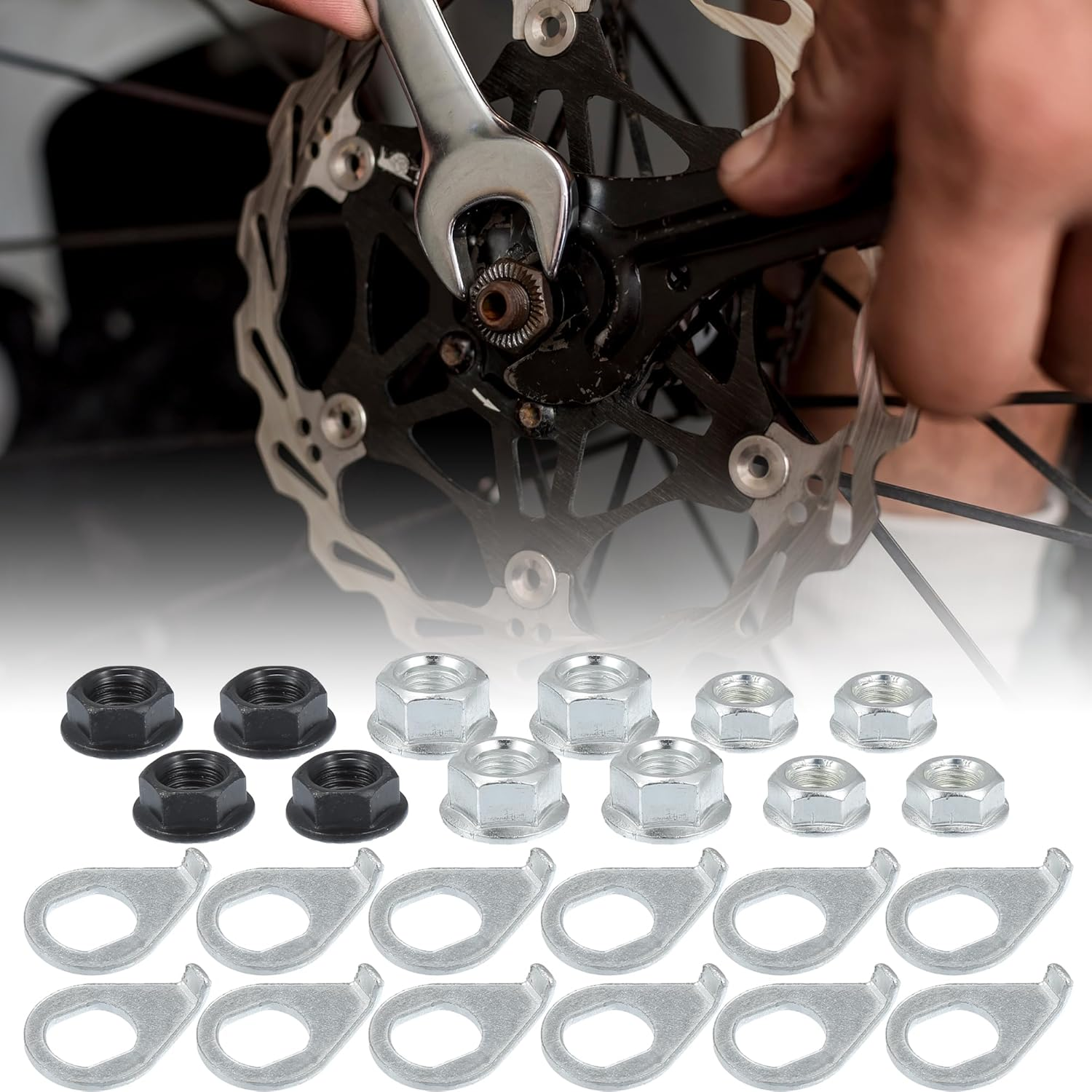 Uxcell 1 Set Bicycle Nuts and Bicycle Safety Washer Kit M8/M9.5/M10 Bicycle Nut with M8/M10 Bike Safety Washer for Front Rear Mountain Bike Wheel Axle image number 1