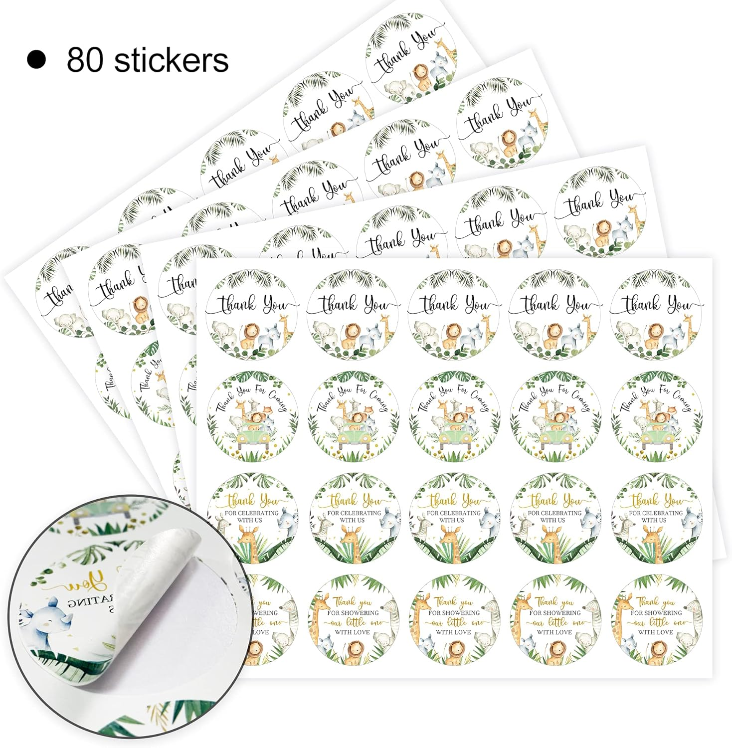 80 Jungle Safari Thank You Stickers, Baby Shower Thank You Stickers, Wild Animals Birthday Party Favor Label Decorations(2 Inch) image number 2