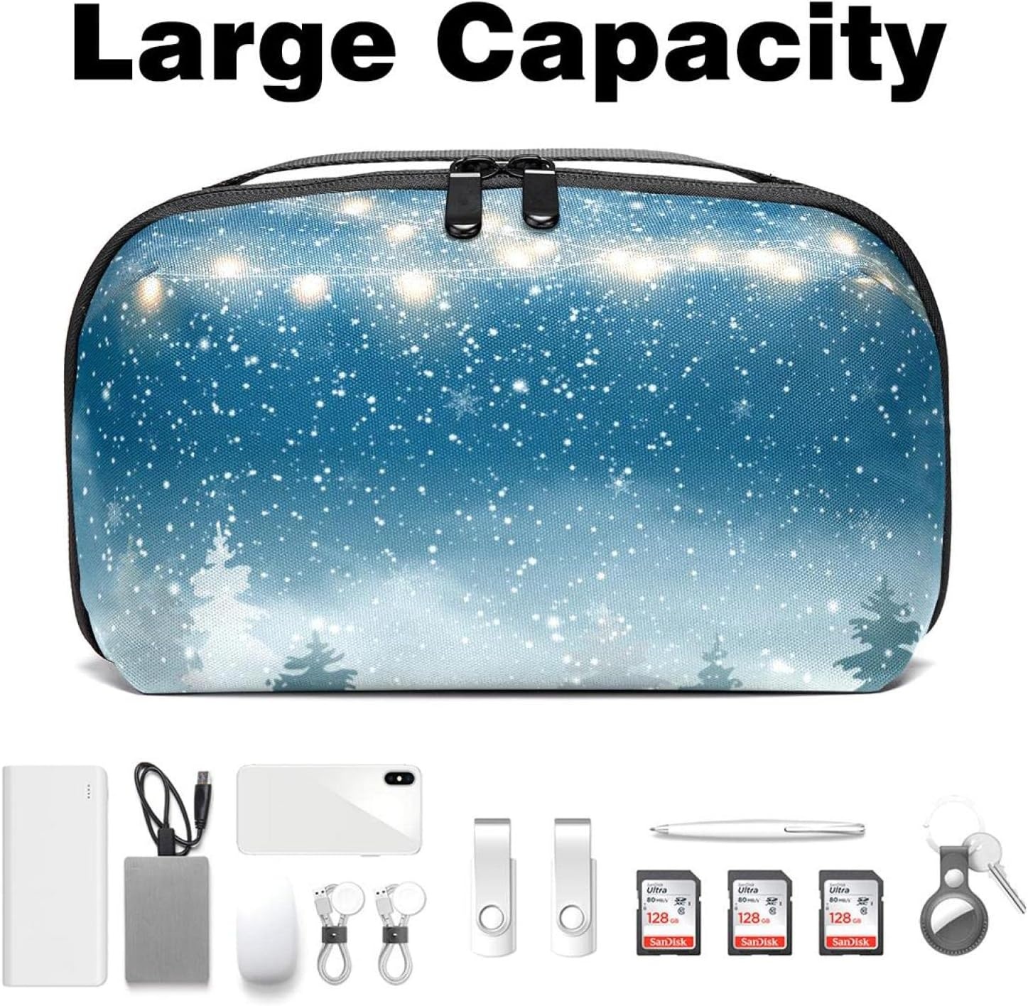 Electronic Organizer Small Travel Cable Organizer Bag for Hard Drives, Cables, USB, SD Card, Christmas Cartoon Winter Night Woods image number 5