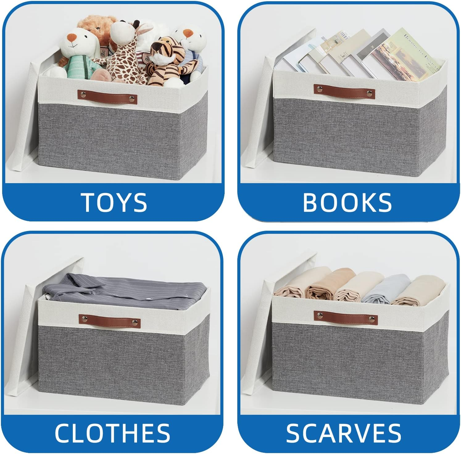 Temary Collapsible Storage Bins Storage Boxes with Lid, 2 Pack Storage Baskets with Lid Decorative Storage Clothes, Toys, Organizer Bins with Handles (White&Gray, 15X11X9.5Inch) image number 3