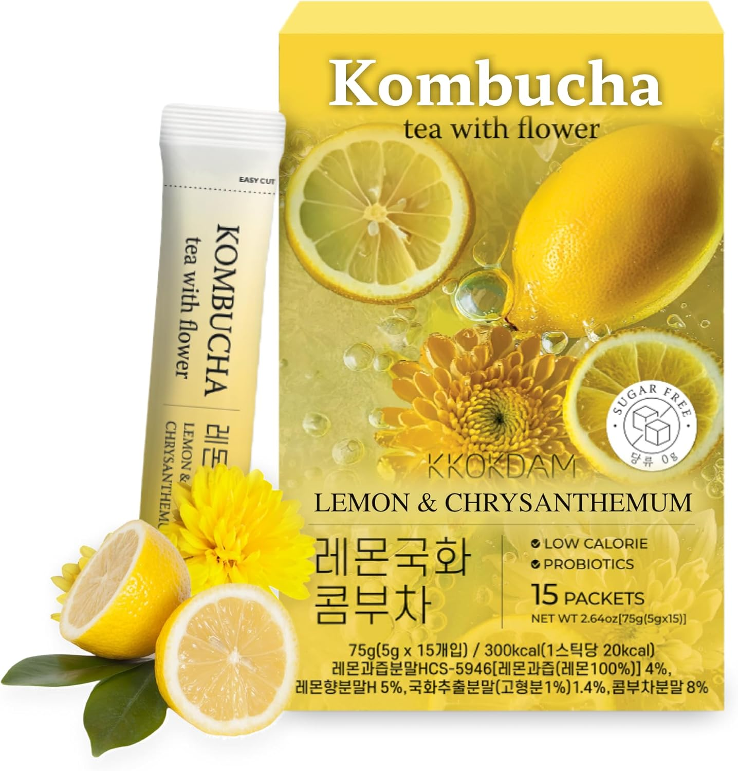 KKOKDAM Kombucha Tea 15 Packs - Lemon & Chrysanthemum Korean Tea - Kombucha Drinks Probiotic Support, Low Calorie, Sugar Free Kombucha Pack - 15 Drink image number 2