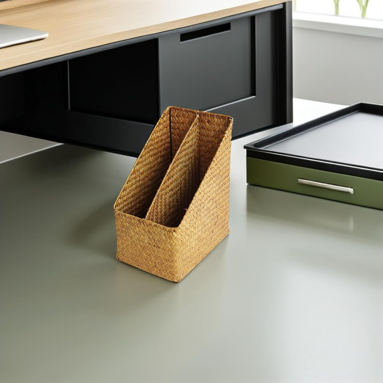 RUNROTOO Hand-Woven Caramel Color Document Organizer Basket for Desktop File Storage and Office Books Holder, Woven Storage Box Suitable for Desk Organization image number 4