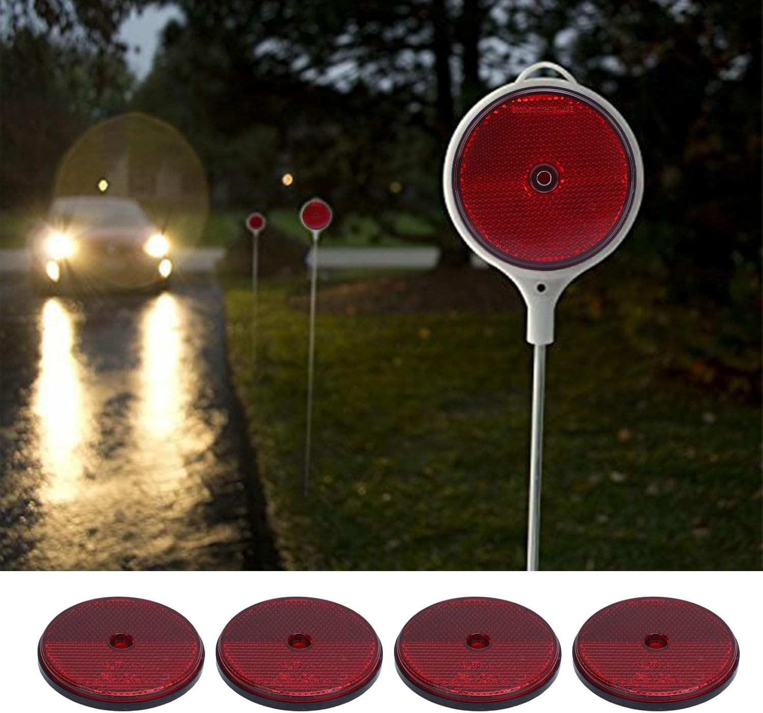 4Pcs round Reflector, Trailers Safety Reflector with Center Mounting Hole, for Driveway Fence, Automobiles, Mailboxes, Boats, 72Mm Dia (Red) image number 5