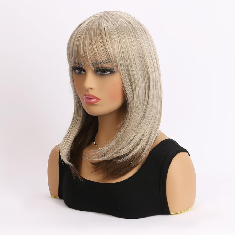 AUBWIG Blonde Mixed Brown Bob Wig with Fringe, 15 Inches, Natural Short Straight Wigs for Women, Medium Length Bob Hair, Synthetic Wigs for Daily Use (Blonde Mixed Brown) image number 2