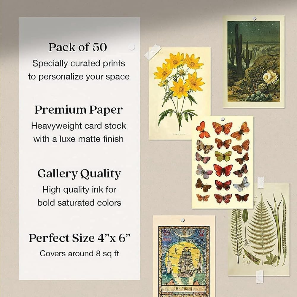 Ceahoify Vintage Aesthetic Wall Collage Kit - 50 Mini Botanical Collage Art Posters (4X6Inch), for Photo Wall image number 2