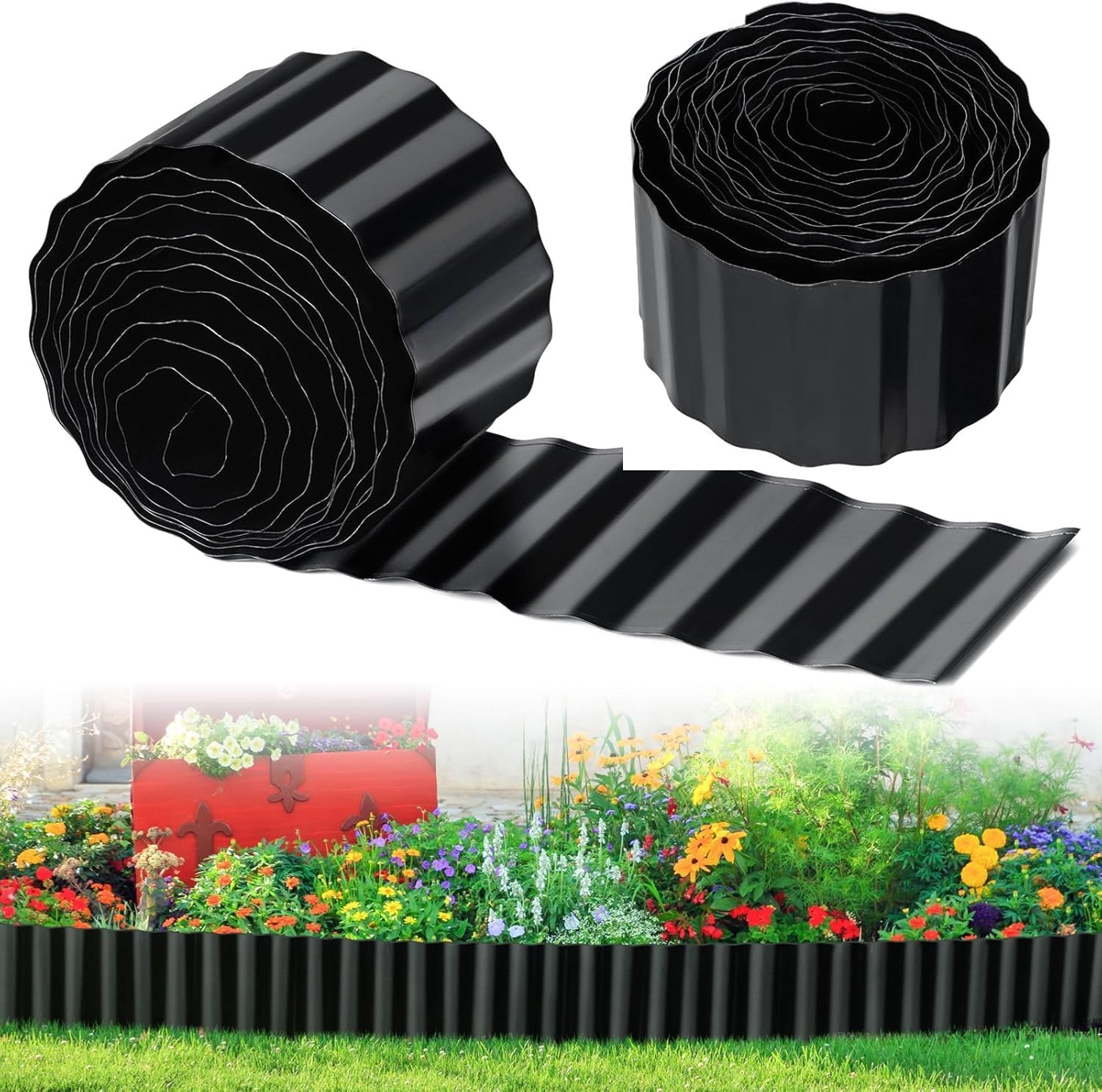 AUTENS 20Ft Corrugated Metal Garden Edging, Metal Landscape Edging for Lawn, Flower Bed, Garden Fence, Paver Edging, Flower Bed Border Flexible Curred or Cut as Needed (Black, 20Ft*8Inch) image number 6