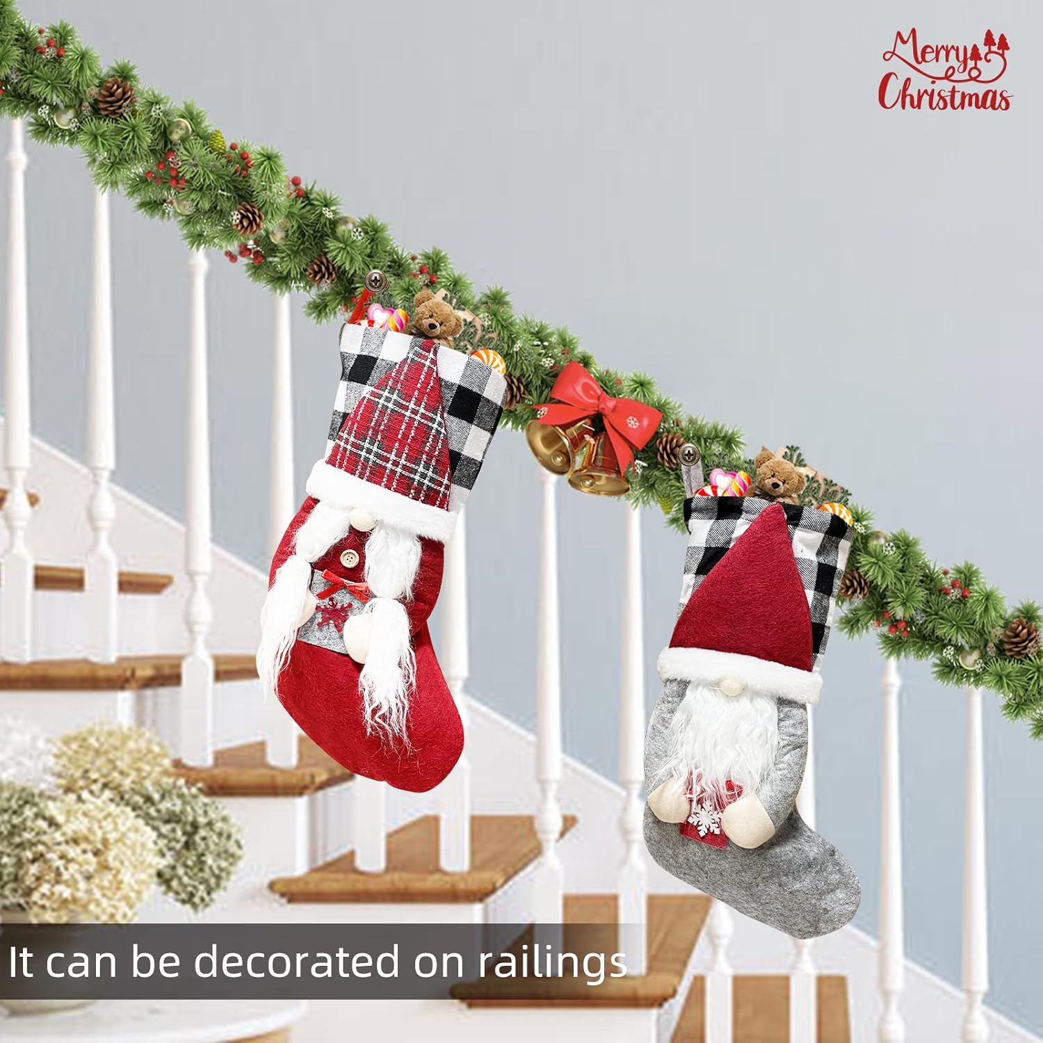 Meajore 2 Pcs Christmas Stockings New Set, 3D Gnomes Santa Christmas Stockings Personalized (18Inch) Soft Classic Red and Grey Fireplace Hanging for Family Holiday Xmas Party Decorations - Elk+Deer Head image number 6